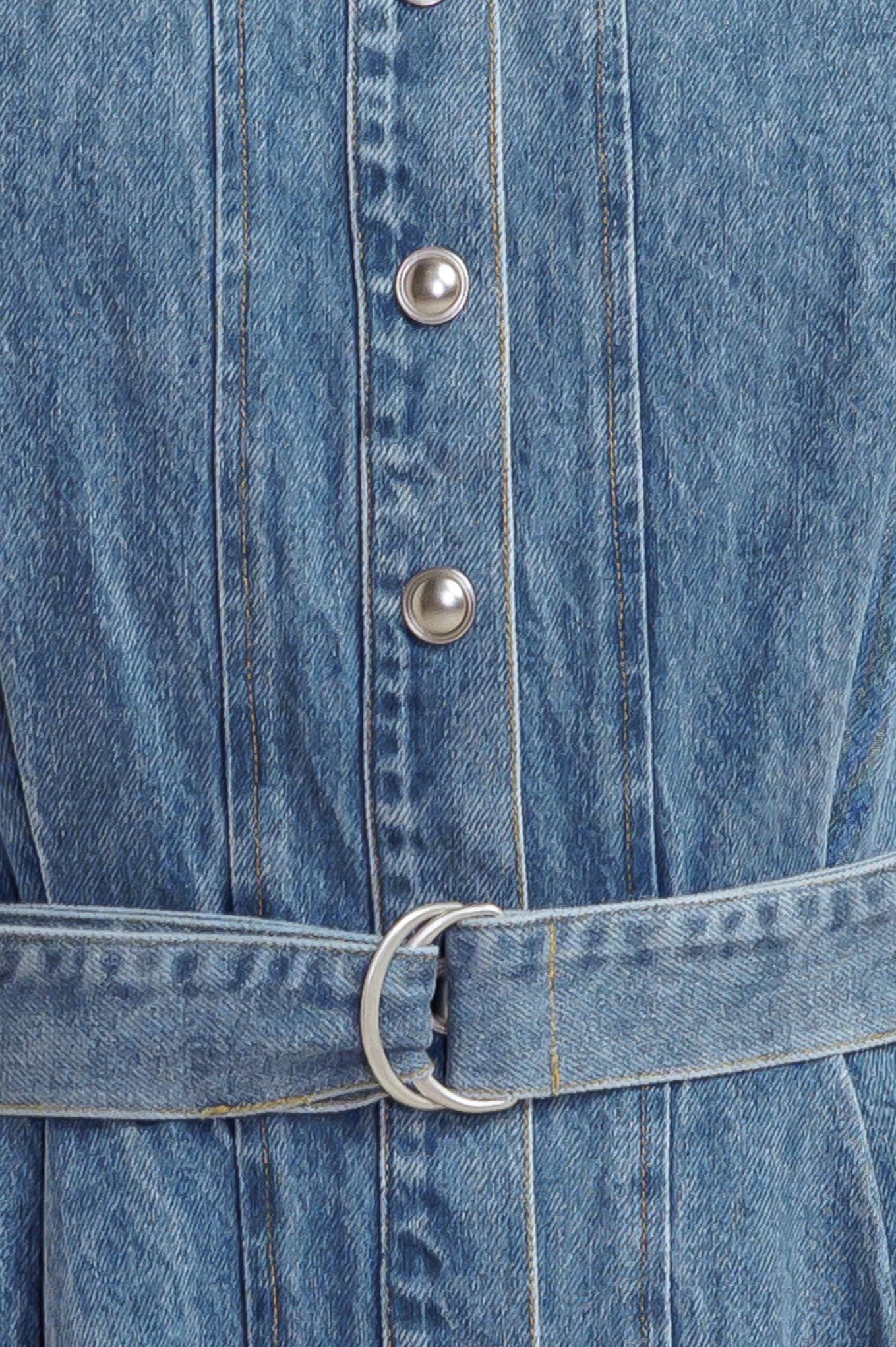 A washed denim midi dress featuring round neckline, sleeveless, button down, circle skirt and self belt