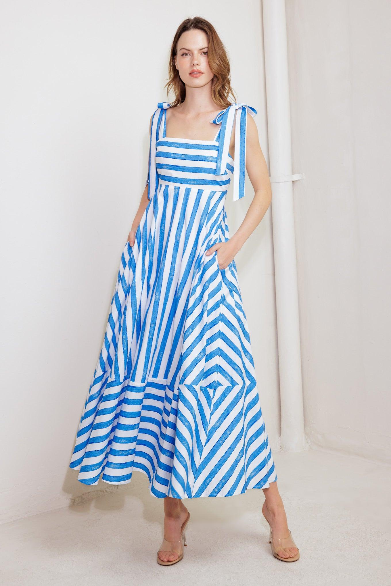 OCEAN BREEZE WOVEN MIDI DRESS.