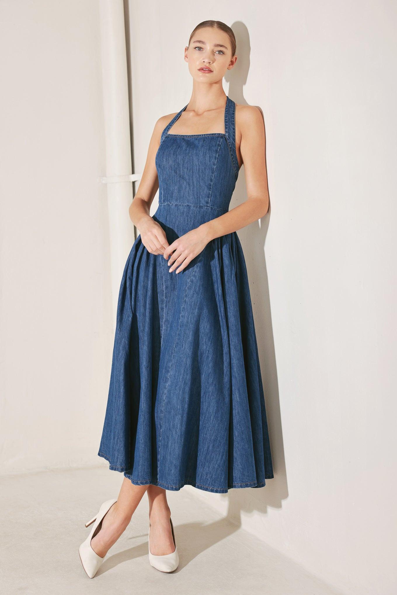 AMERICAN SUMMER NOTE DENIM MIDI DRESS.