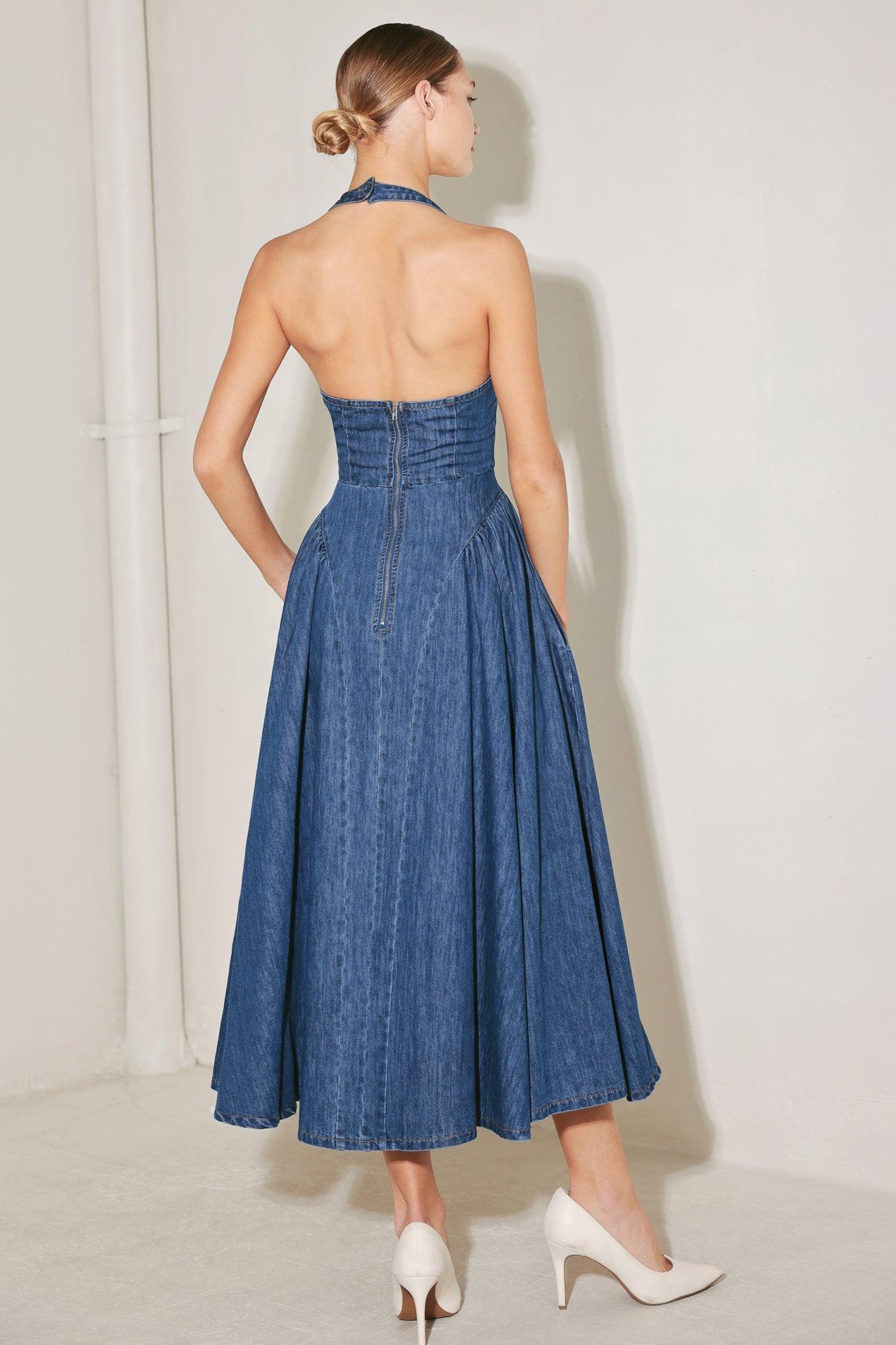 AMERICAN SUMMER NOTE DENIM MIDI DRESS.