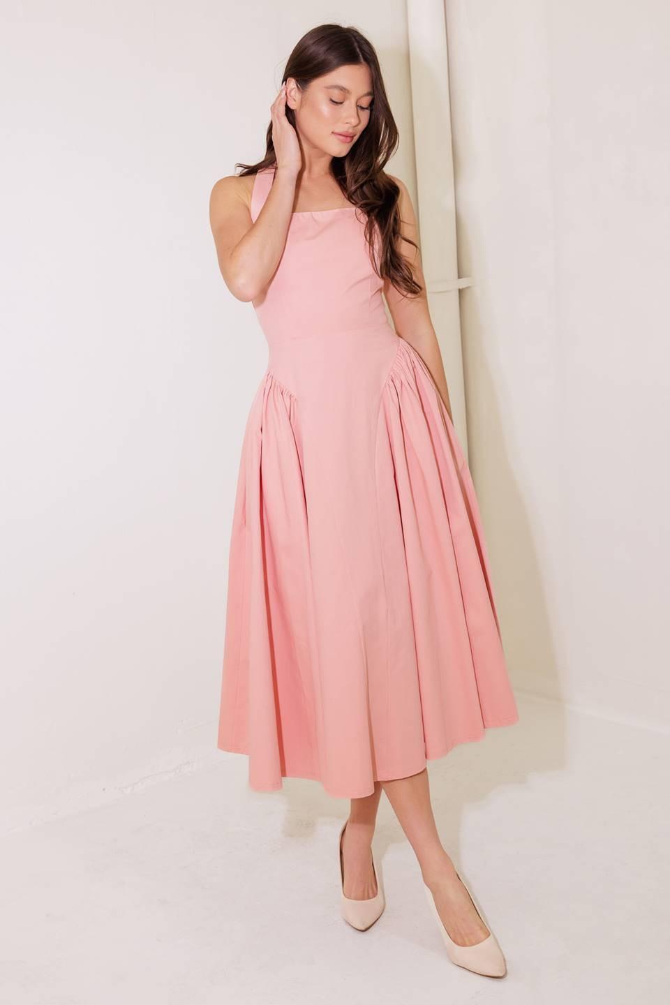 CAUGHT IN THE RAIN PINK WOVEN MIDI DRESS.