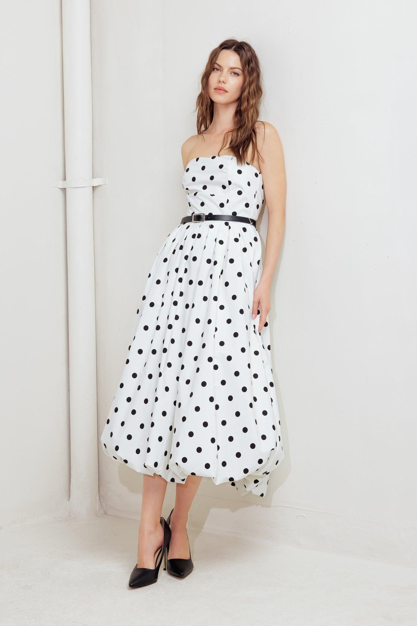 MONROE DOT WHITE WOVEN MIDI DRESS.