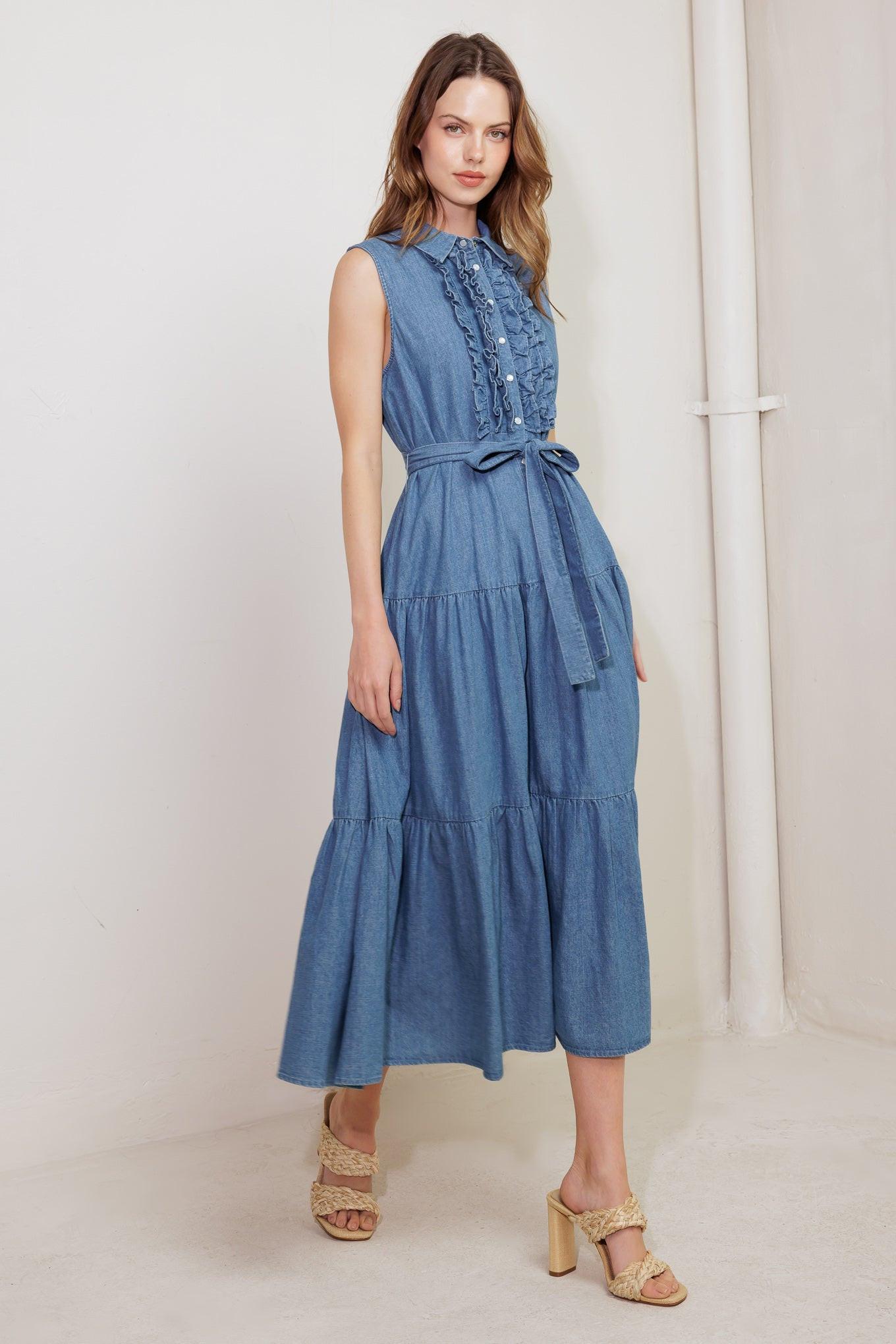 PETALS FALLING SLOWLY DENIM MIDI DRESS.