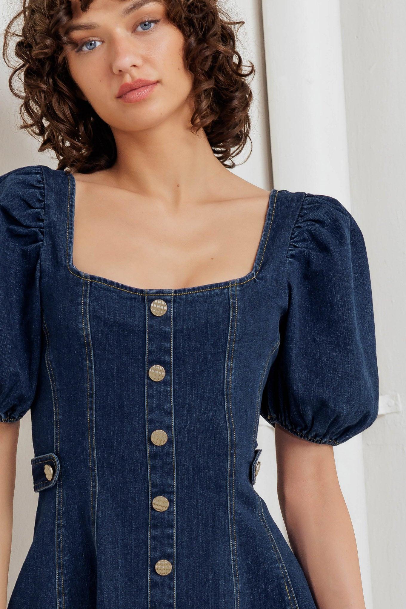 PUFF & PLAY DENIM MINI DRESS.