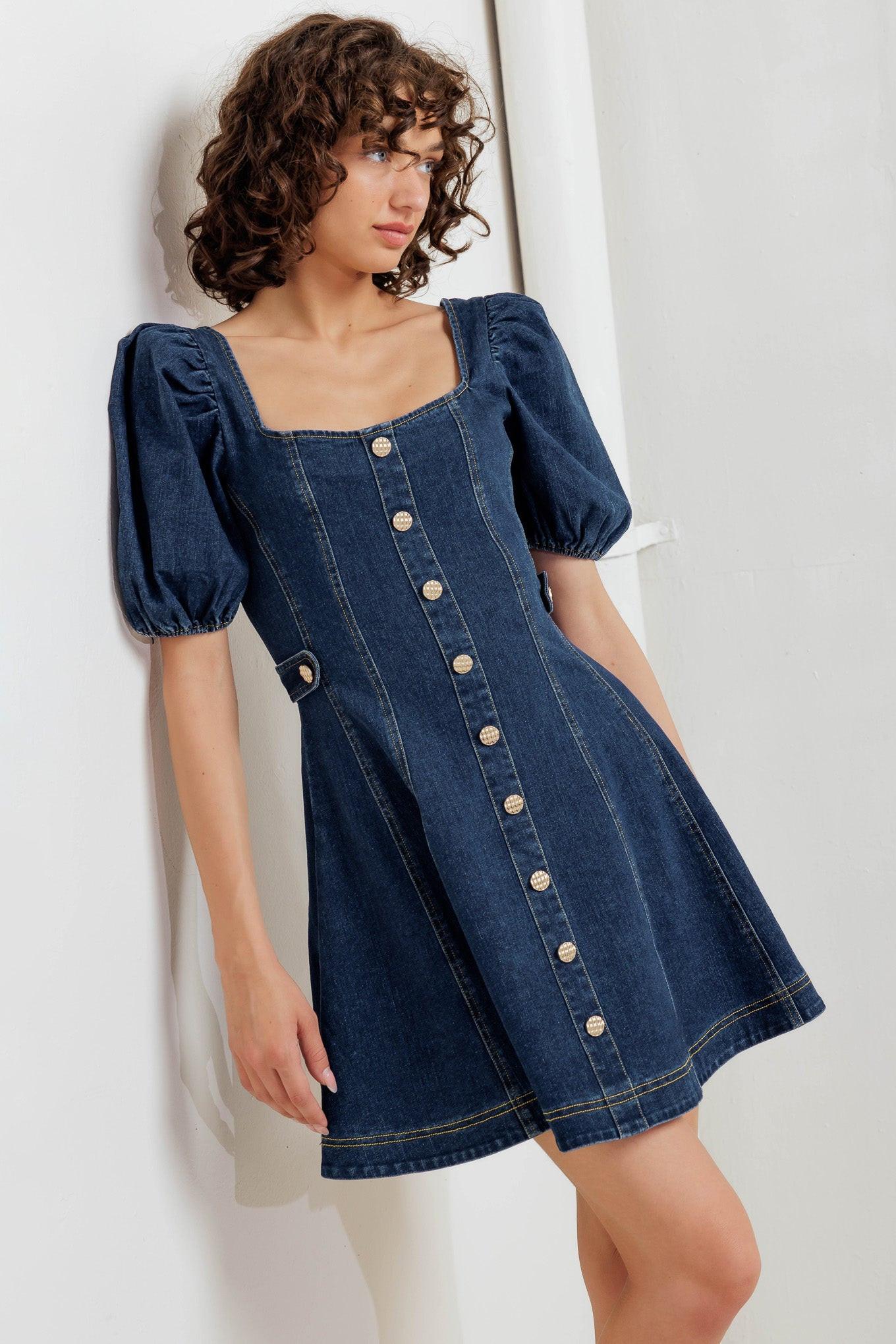 PUFF & PLAY DENIM MINI DRESS.