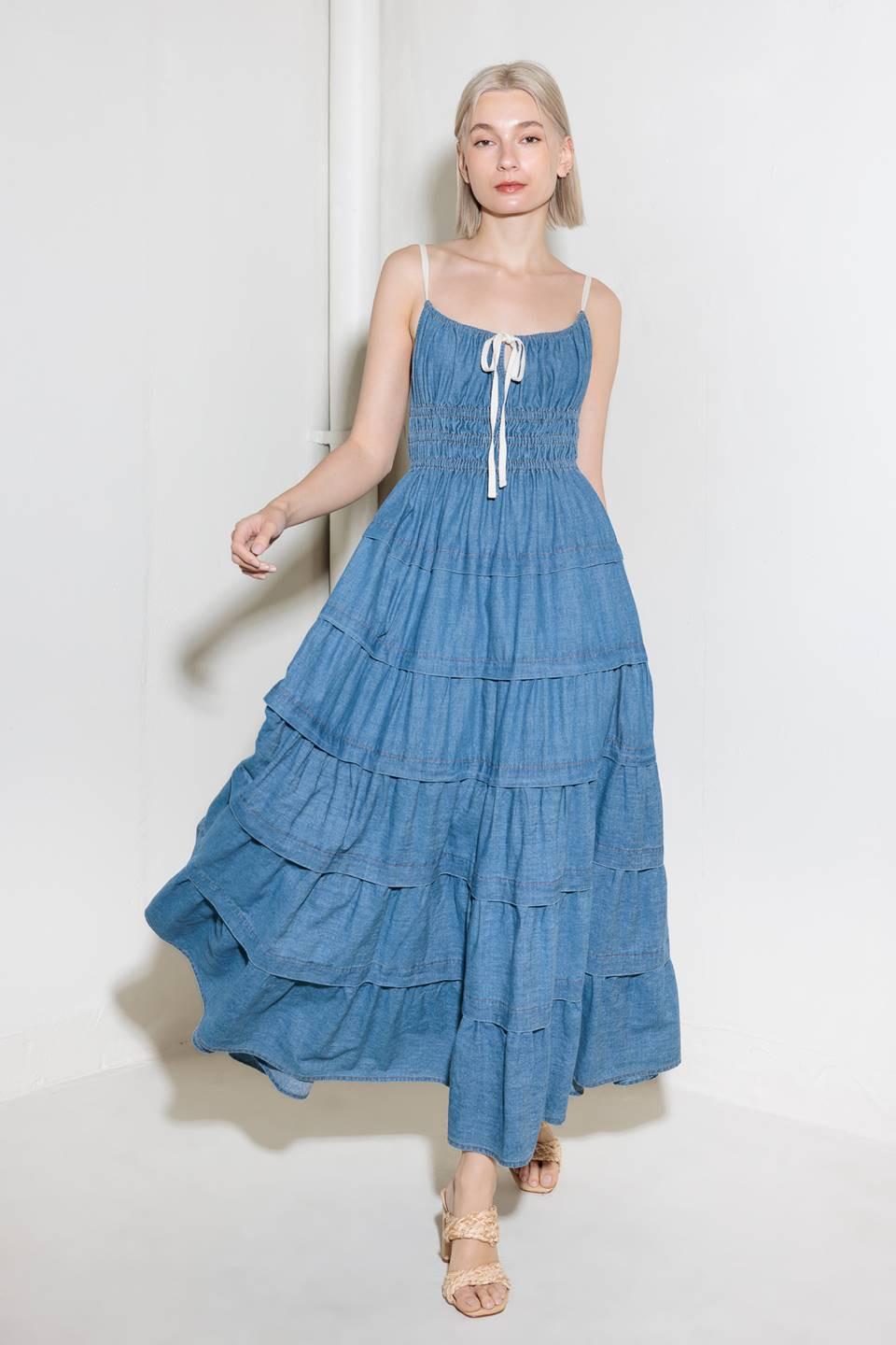 ETERNAL DESIRE DENIM MIDI DRESS.