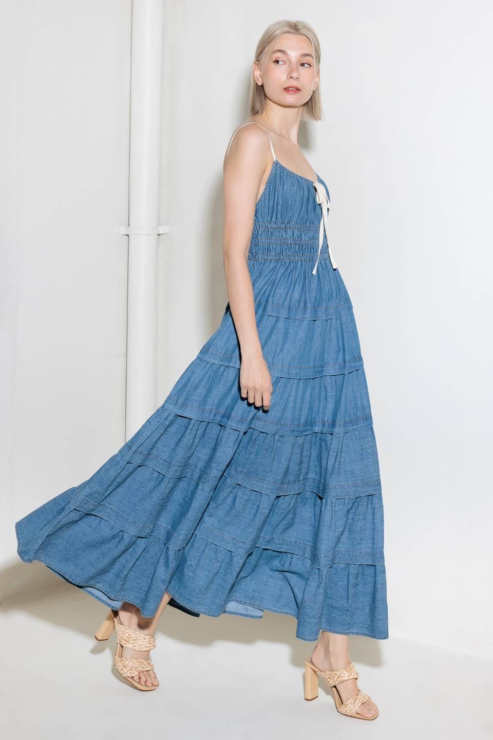 ETERNAL DESIRE DENIM MIDI DRESS.