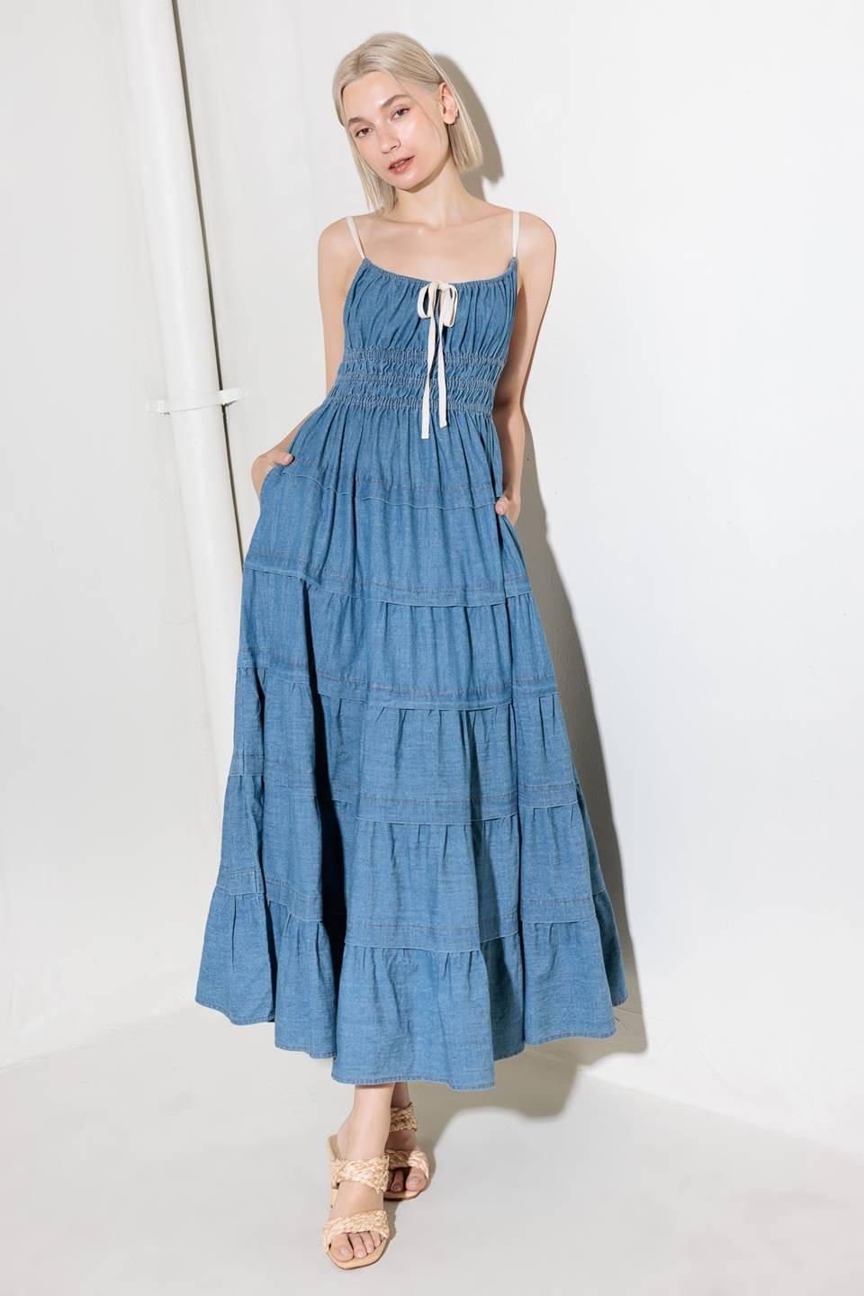 ETERNAL DESIRE DENIM MIDI DRESS.