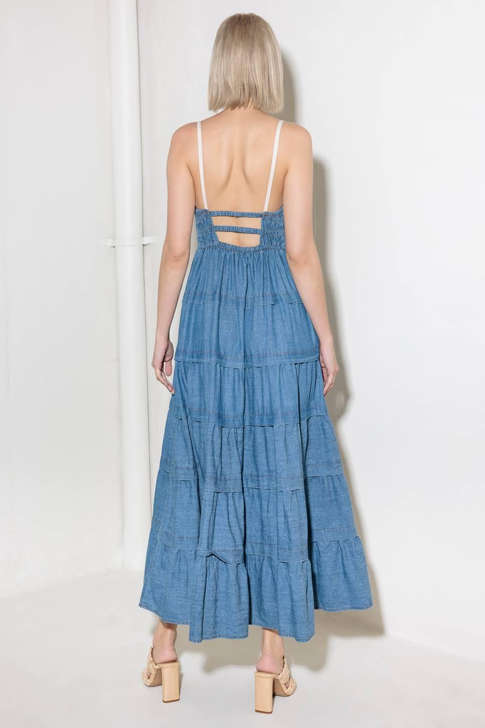 ETERNAL DESIRE DENIM MIDI DRESS.