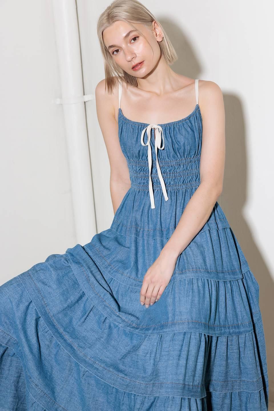 ETERNAL DESIRE DENIM MIDI DRESS.