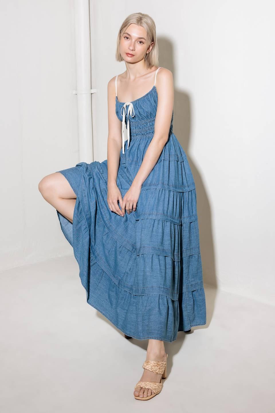 ETERNAL DESIRE DENIM MIDI DRESS.