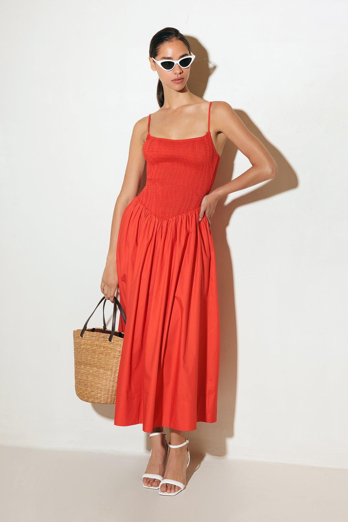 MOVE WITH INTENTION RED WOVEN MIDI DRESS.