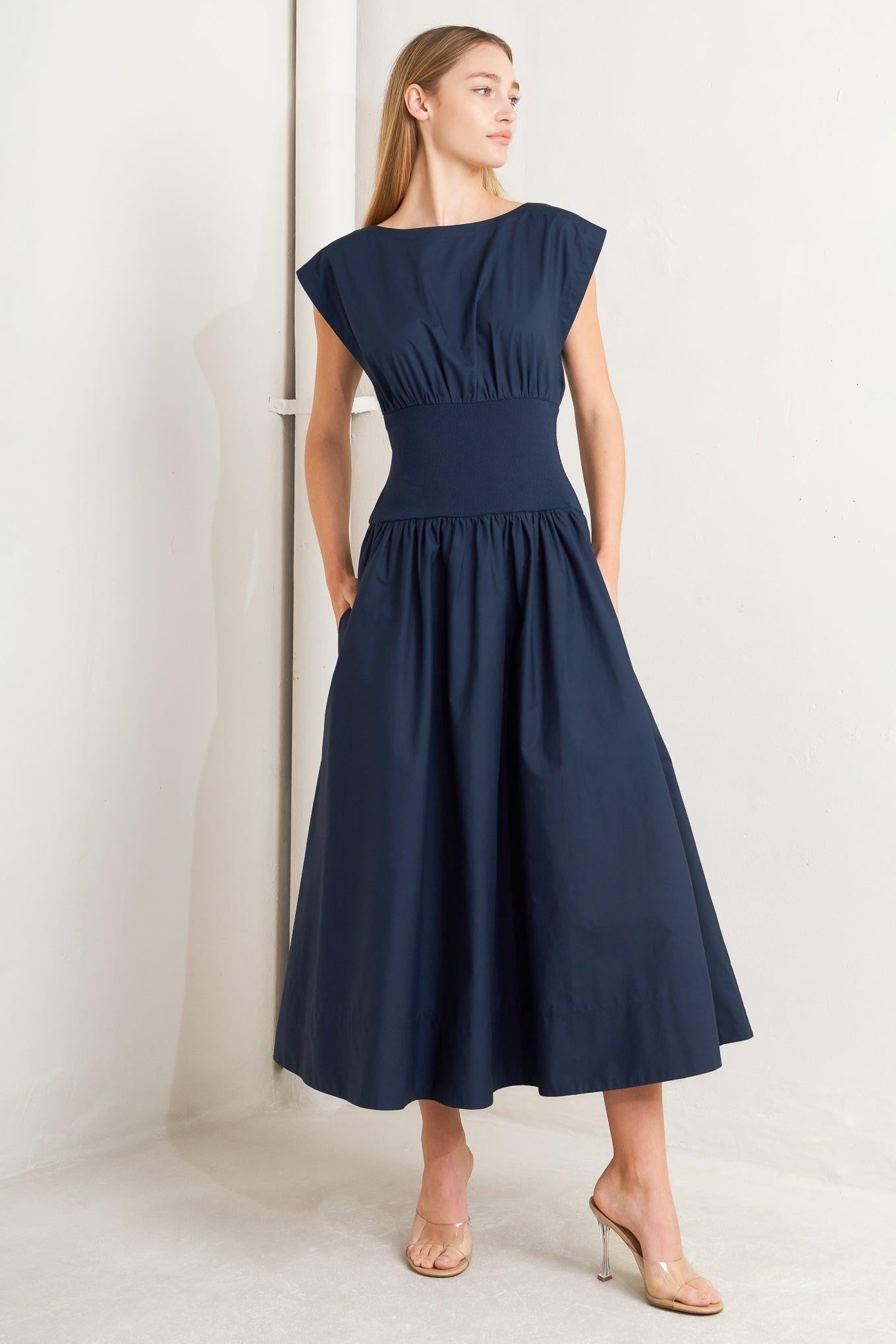 DREAMWEAVER ROMANTIC NAVY WOVEN MIDI DRESS.