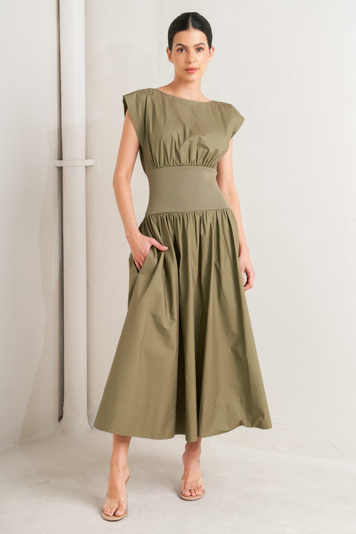 DREAMWEAVER ROMANTIC OLIVE WOVEN MIDI DRESS.