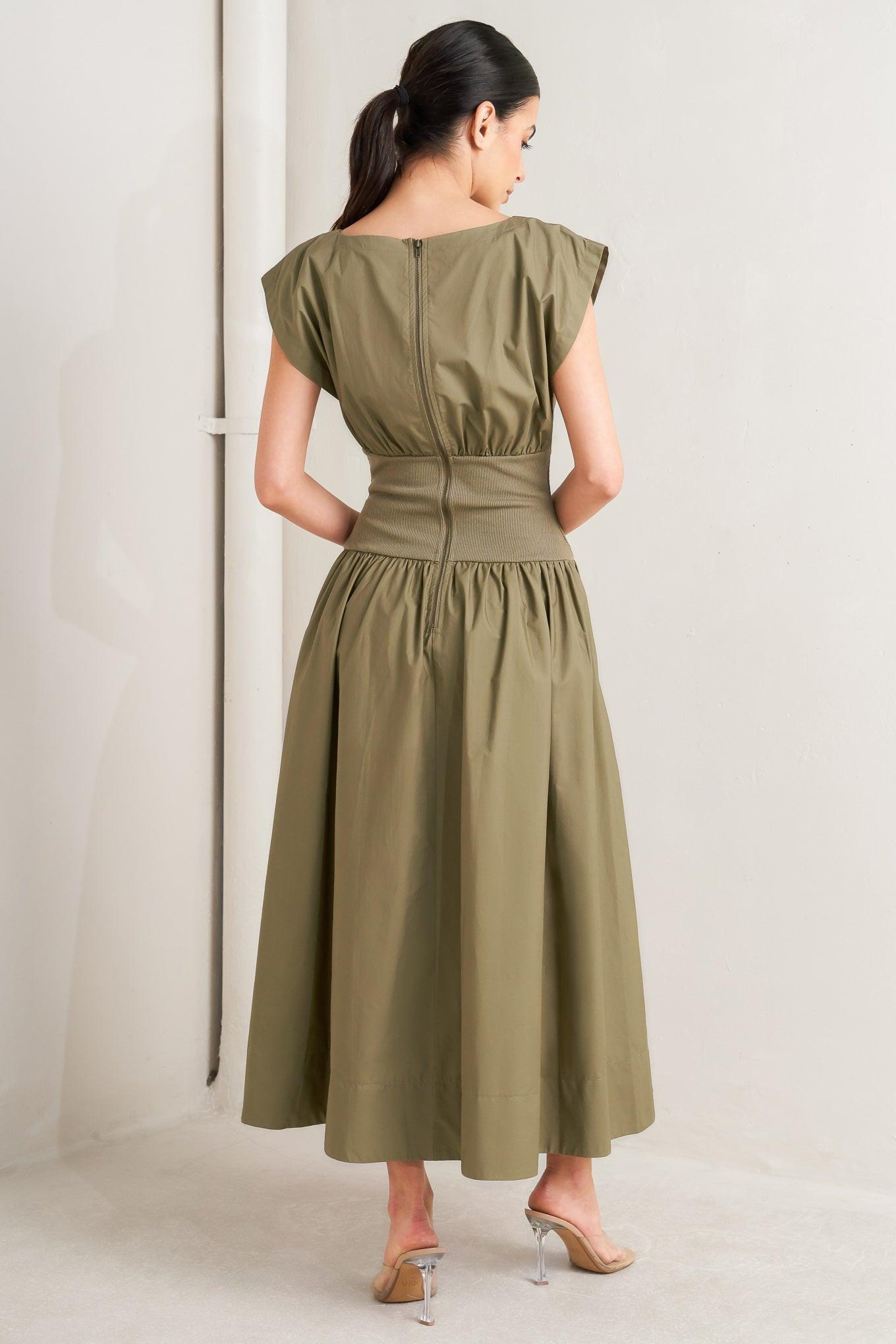 DREAMWEAVER ROMANTIC OLIVE WOVEN MIDI DRESS.
