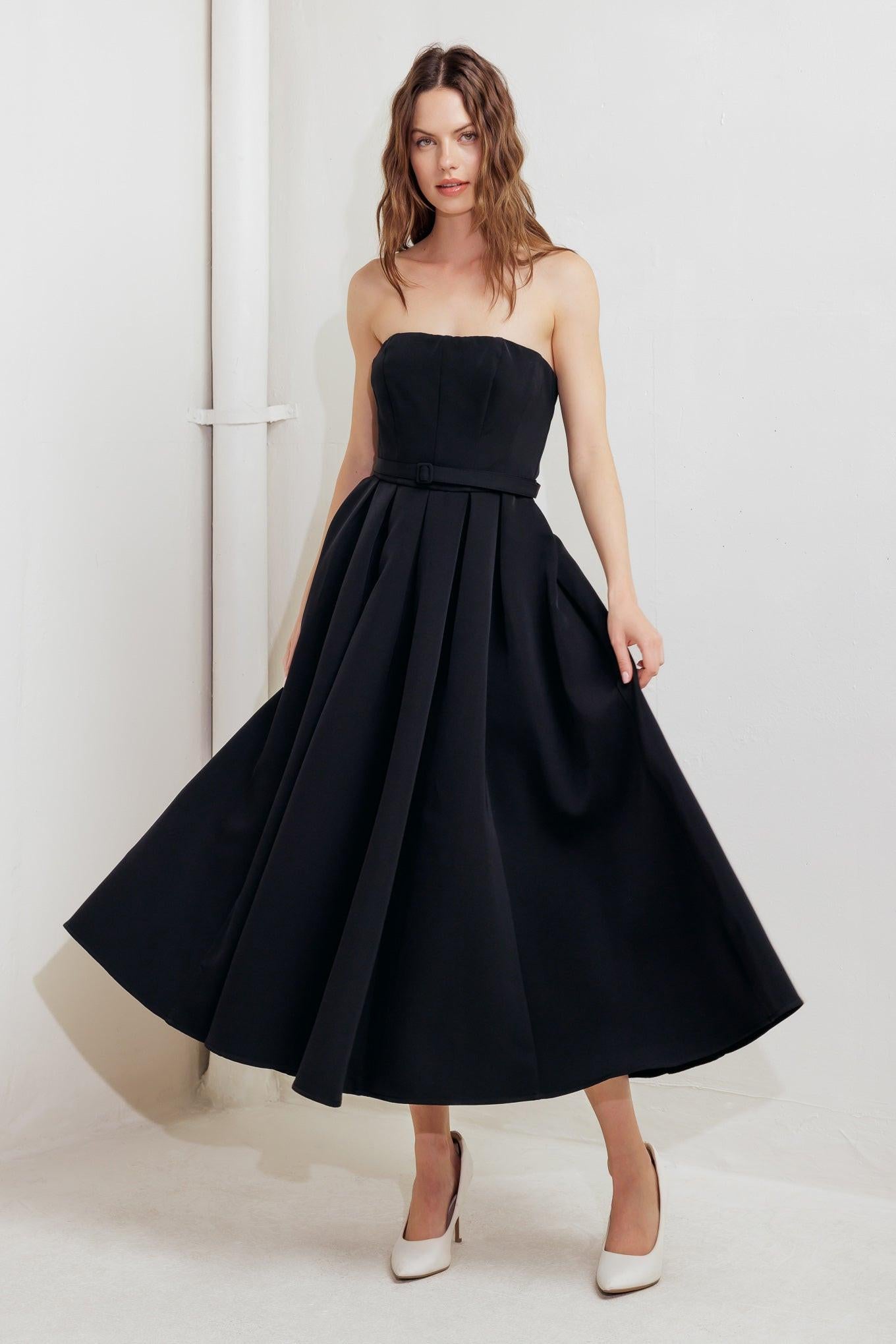 BLACK TIE MUSE WOVEN MIDI DRESS.