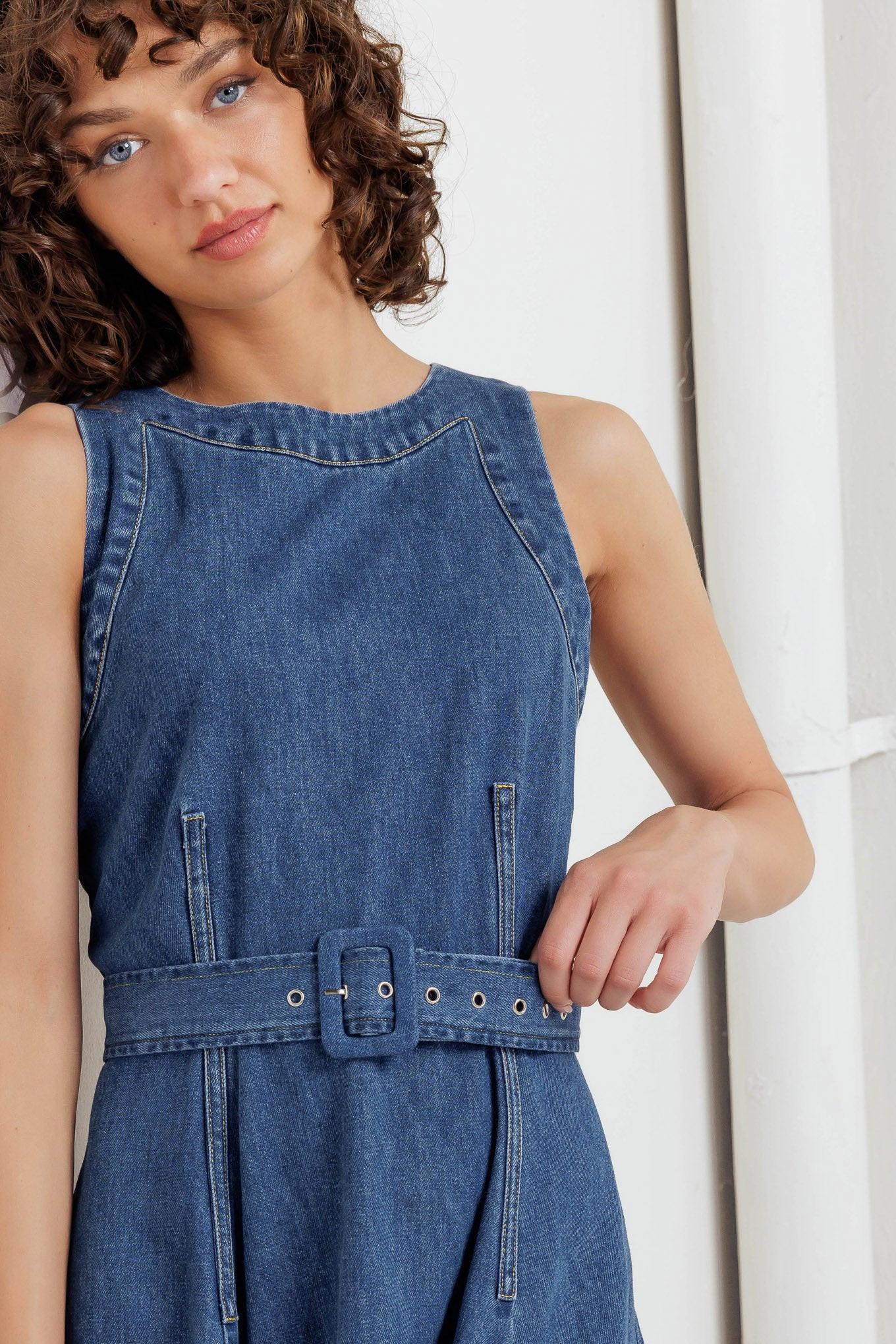 POET’S MUSE DENIM WOVEN MIDI DRESS.