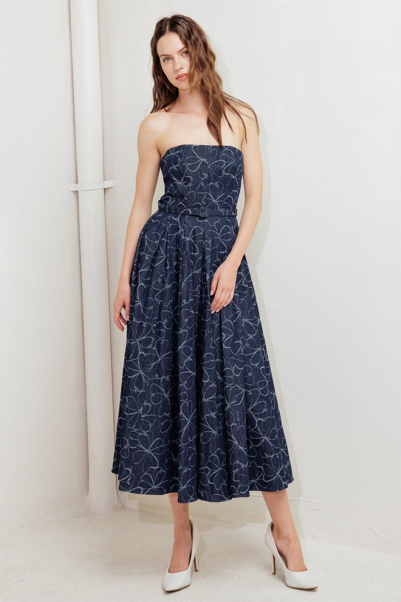 MOONDUST GARDEN DENIM MIDI DRESS.