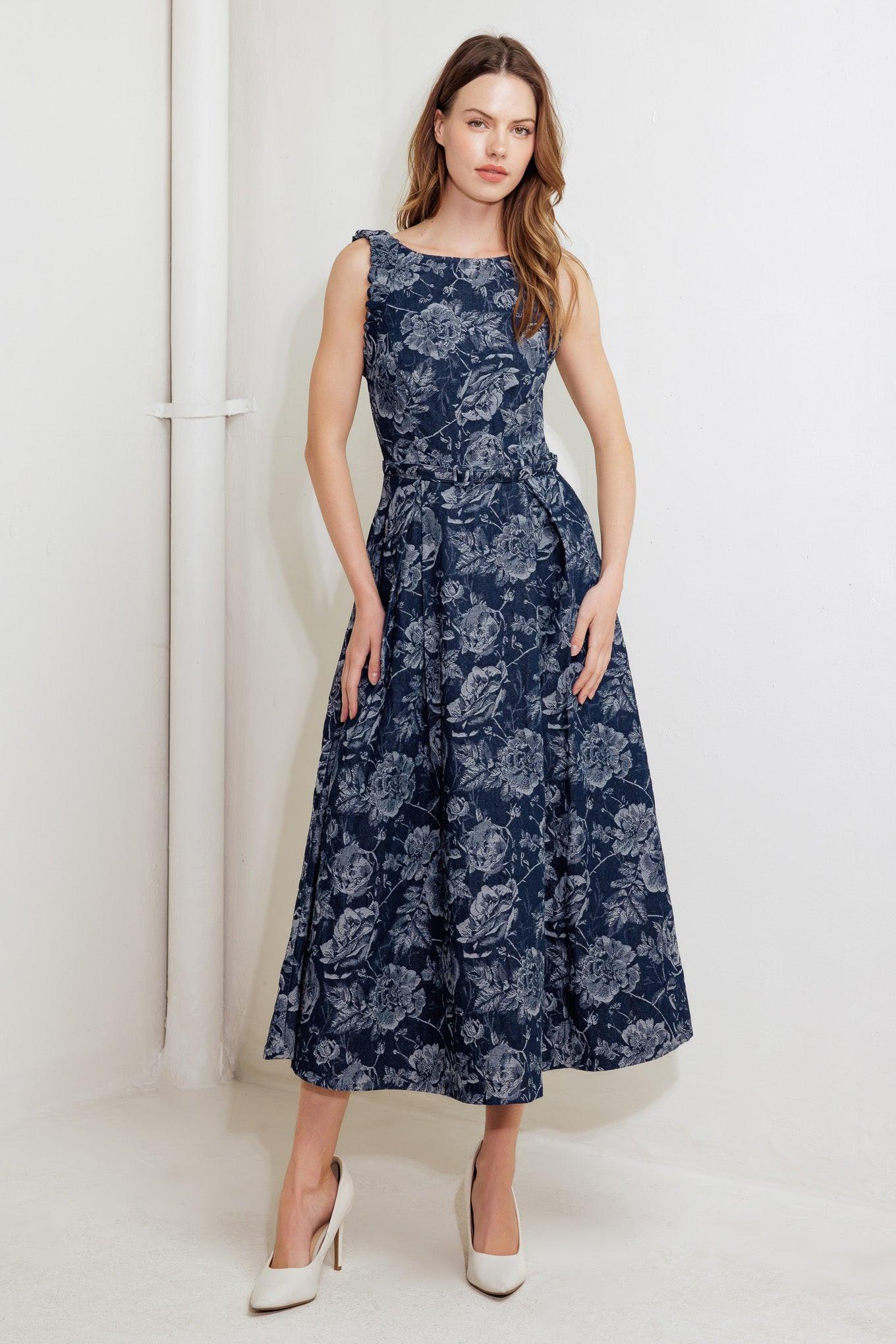 DUSK ROSE WOVEN DENIM MIDI DRESS.