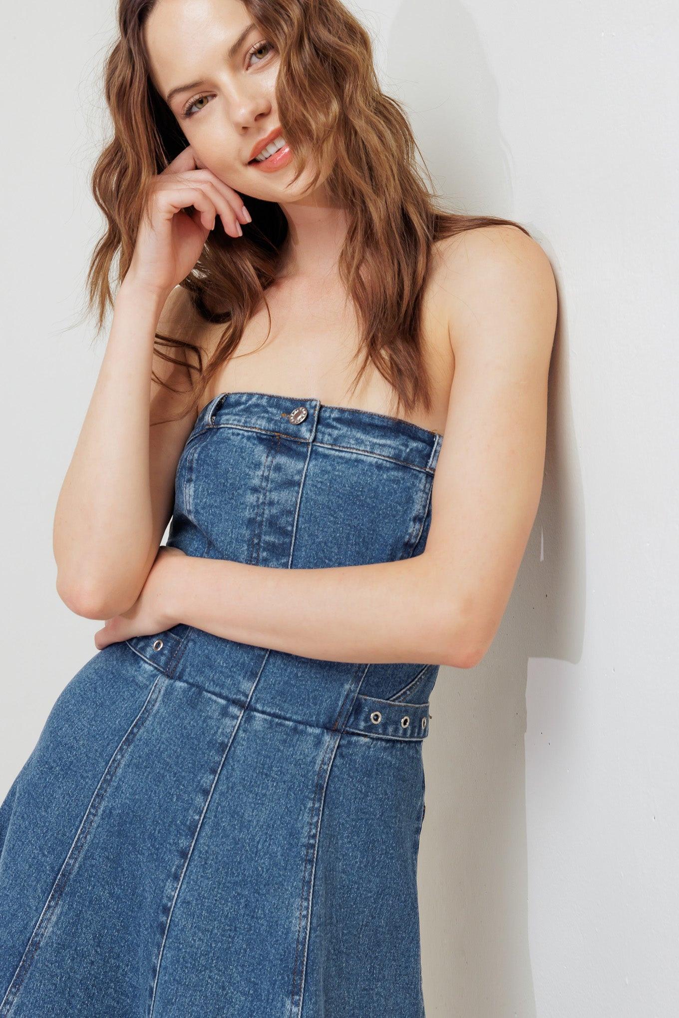 MIDNIGHT STRUCTURE DENIM MIDI DRESS.