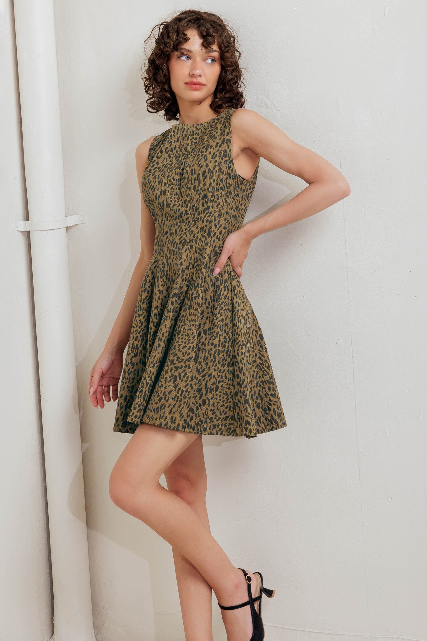 A printed woven mini dress featuring round neckline, sleeveless, circle skirt and back zipper closure