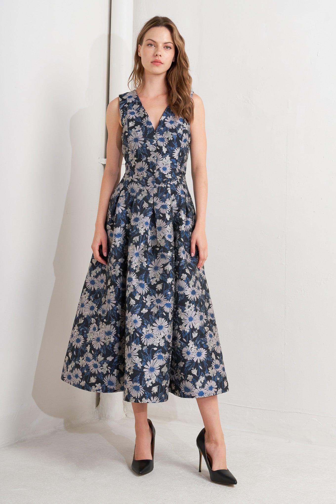 LUX BLOOMING WOVEN JACQUARD MIDI DRESS.