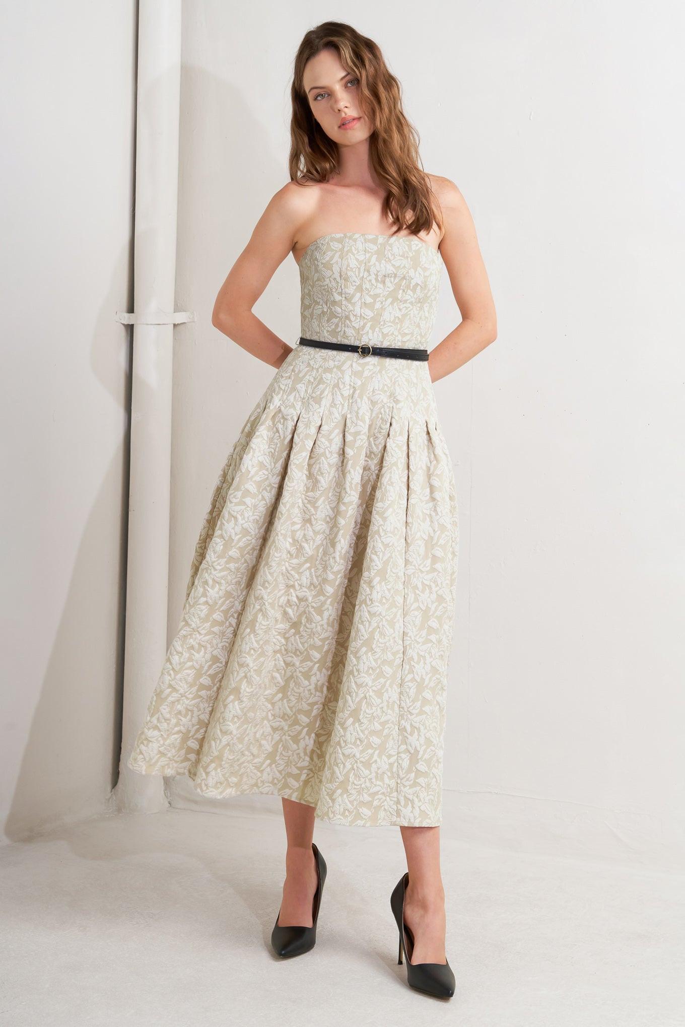 WHISPER LEAF WOVEN MIDI DRESS.