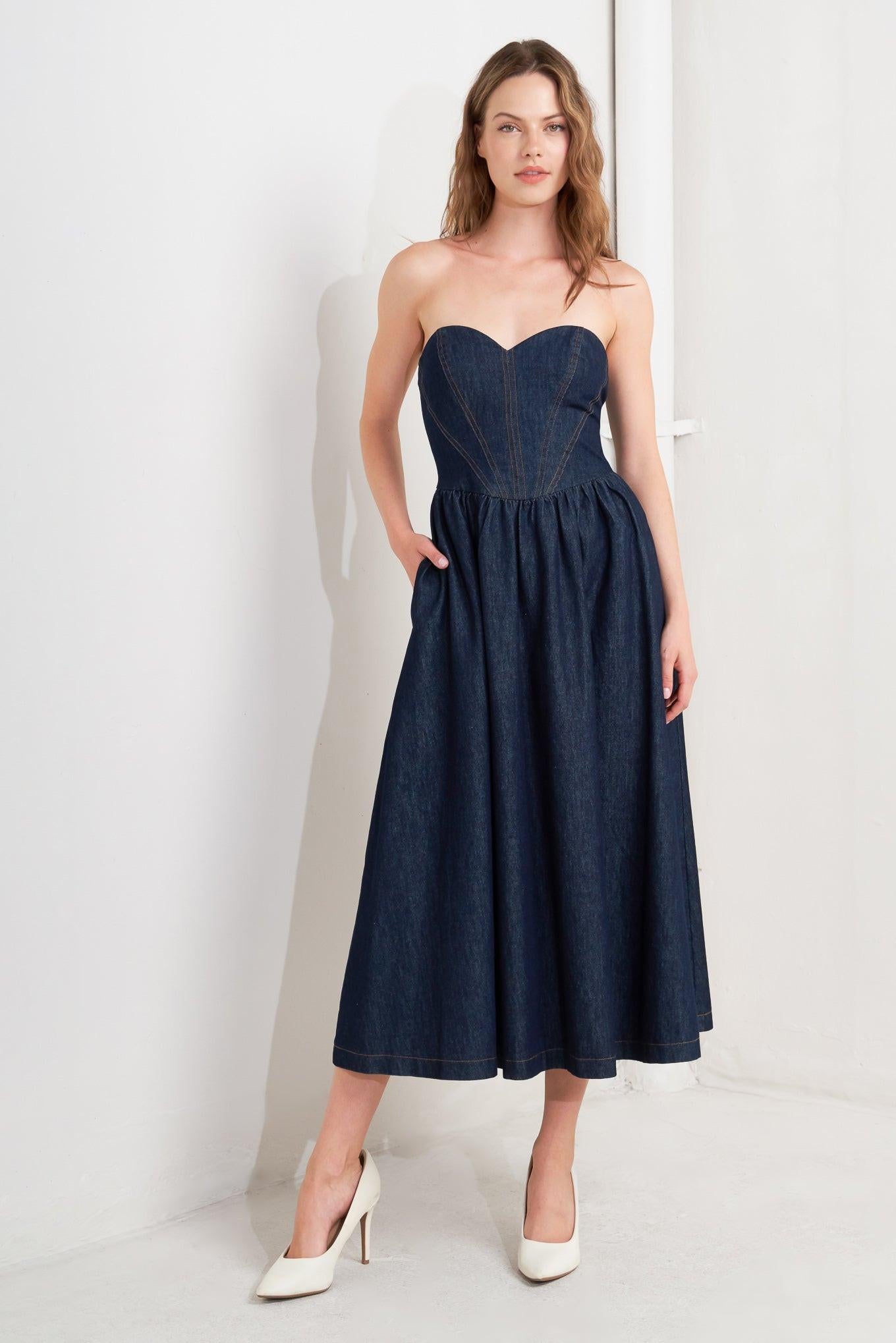 VINTAGE SIREN DENIM MIDI DRESS.