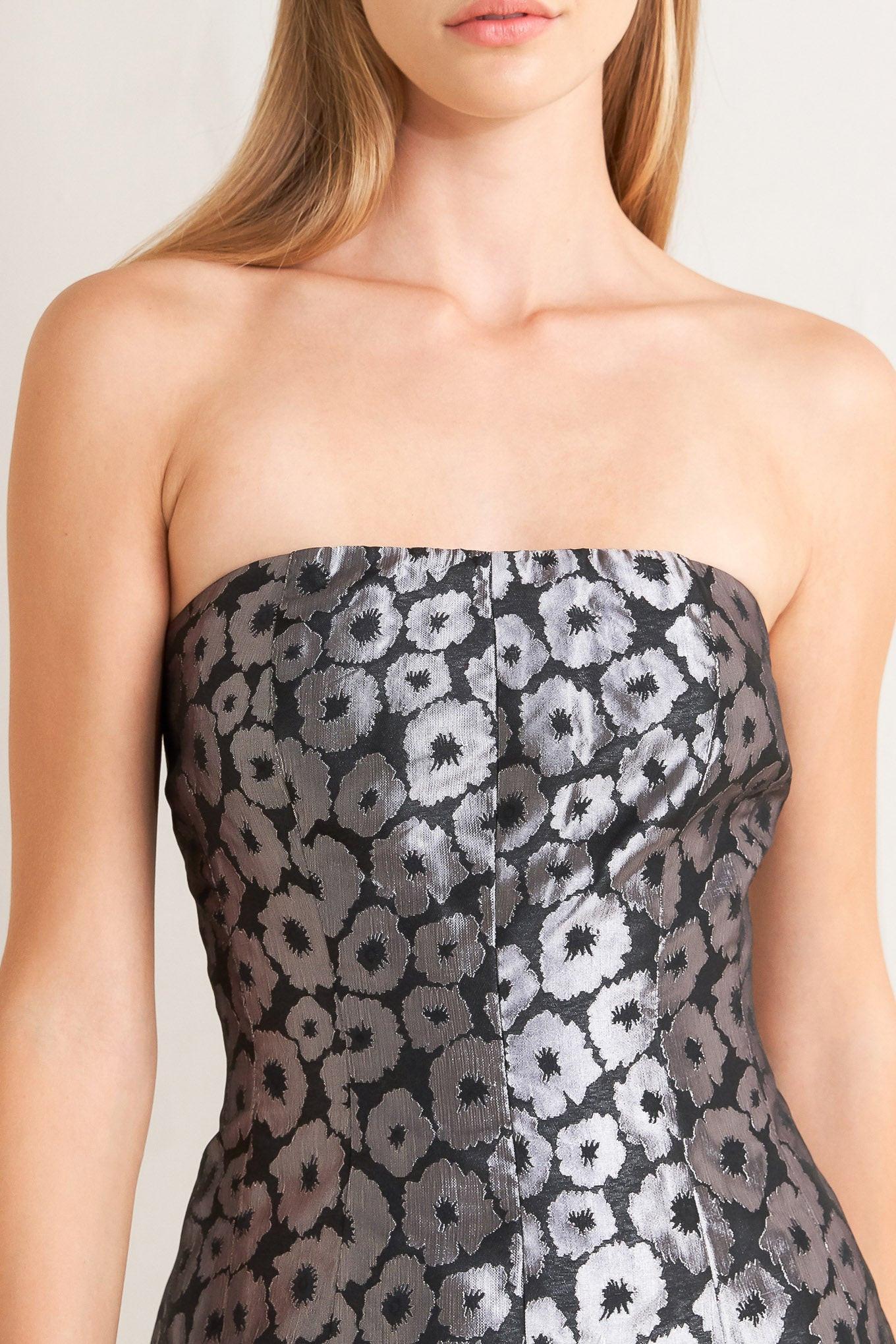 SHINE ON ME WOVEN JACQUARD MINI DRESS.