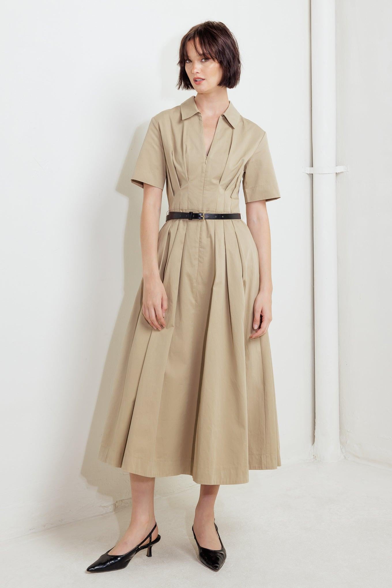 QUIET ROMANCE TAN WOVEN MIDI DRESS.