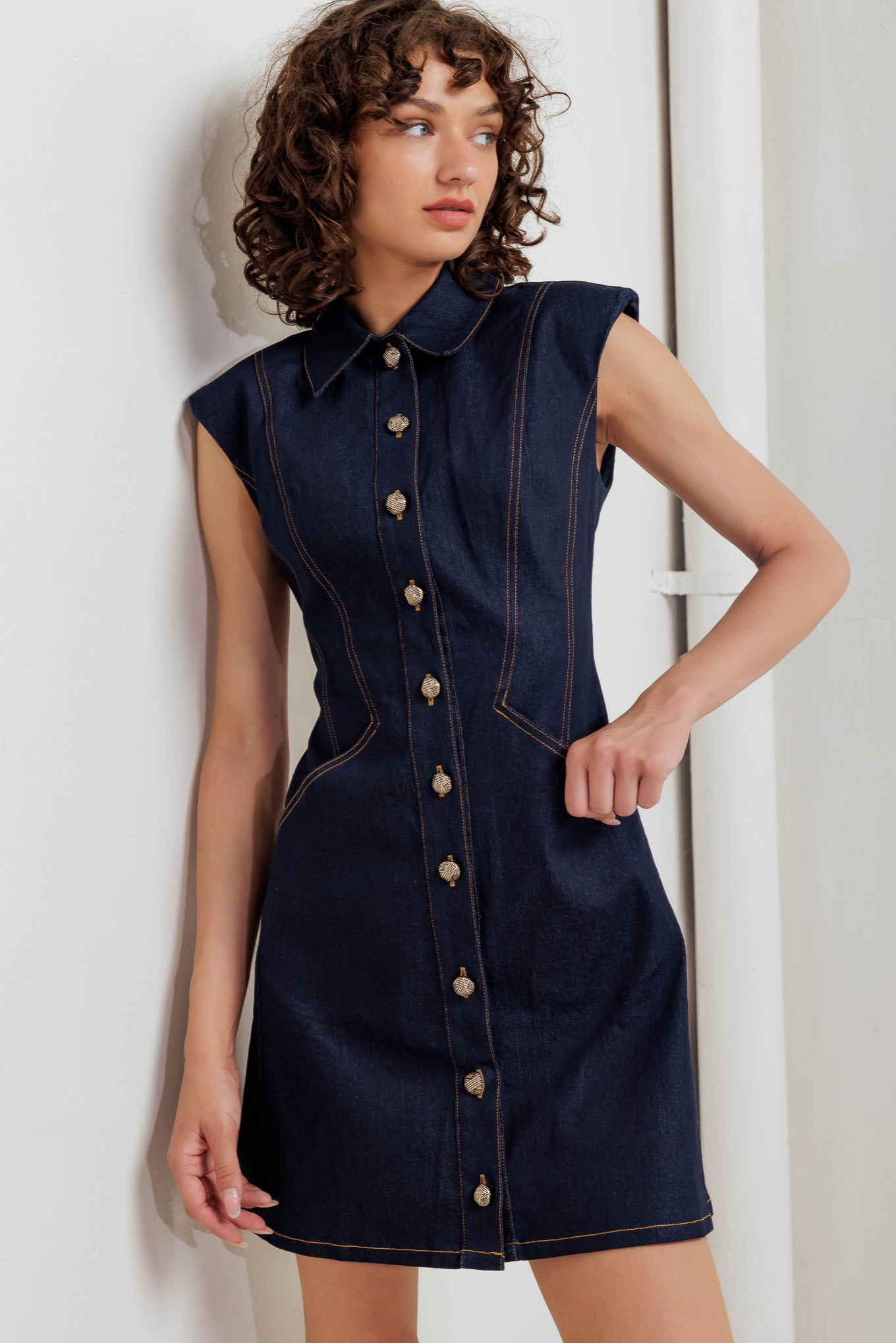 A denim mini dress featuring collar, sleeveless and front button down closure