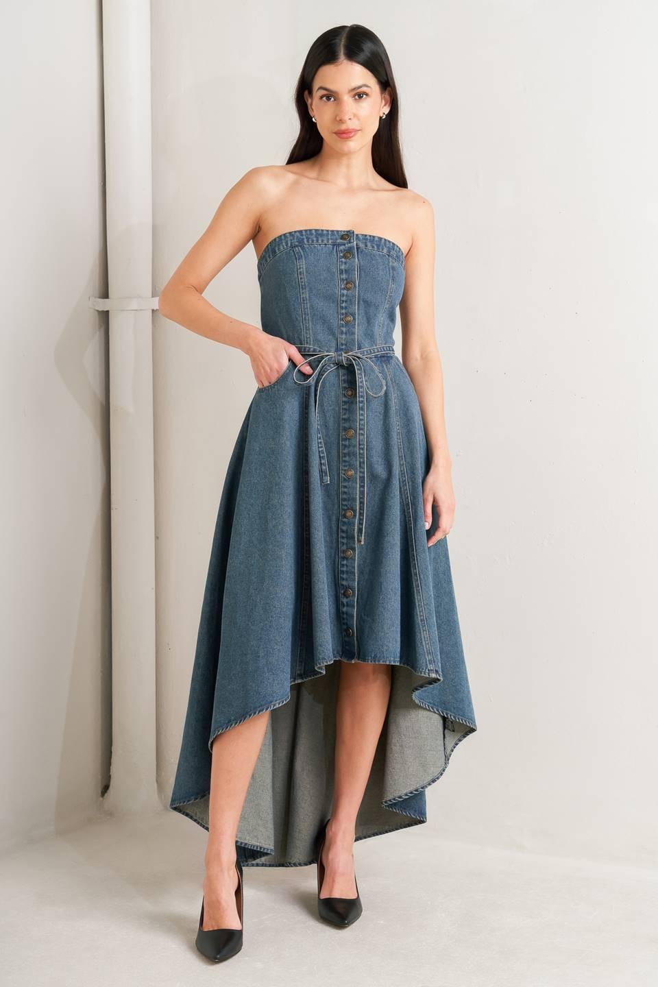 MIDNIGHT VOLUME DENIM MIDI DRESS.