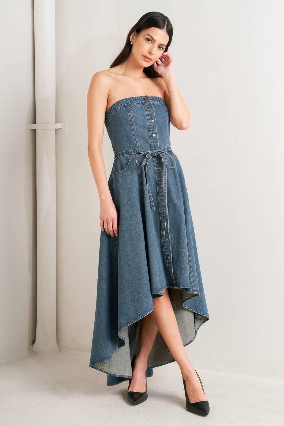 MIDNIGHT VOLUME DENIM MIDI DRESS.