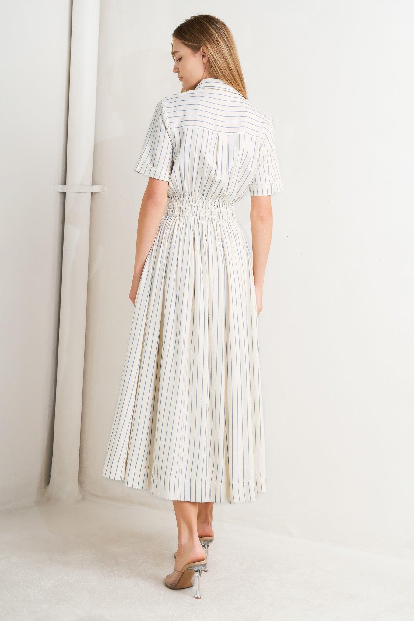 SUNDAY STRIPE WOVEN MIDI DRESS.