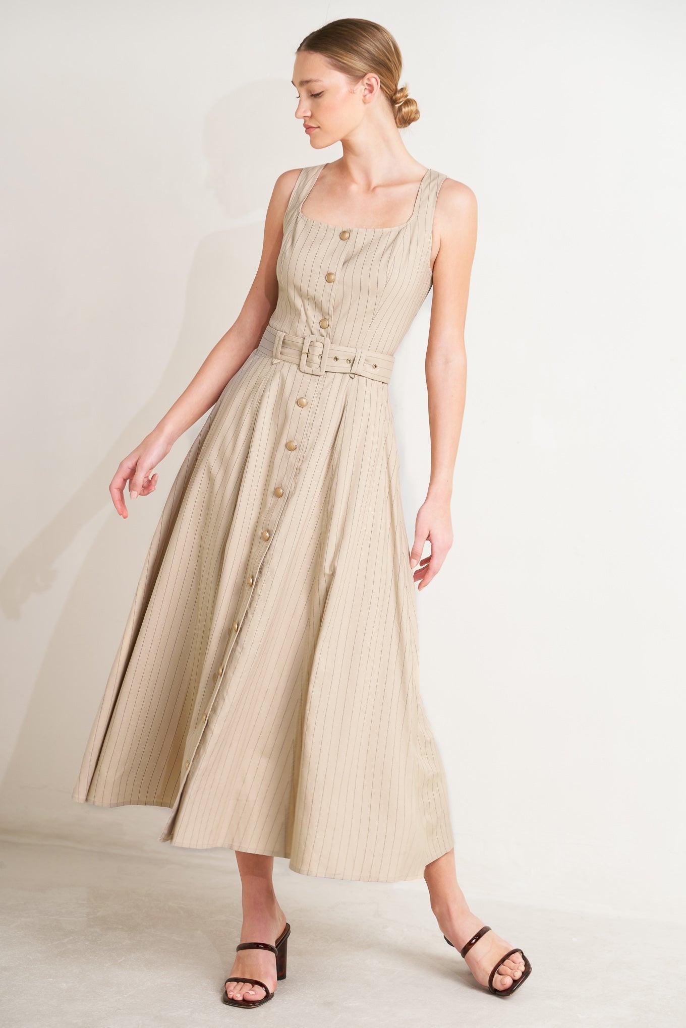 TAILORED IN SUNLIGHT WOVEN MIDI DRESS.