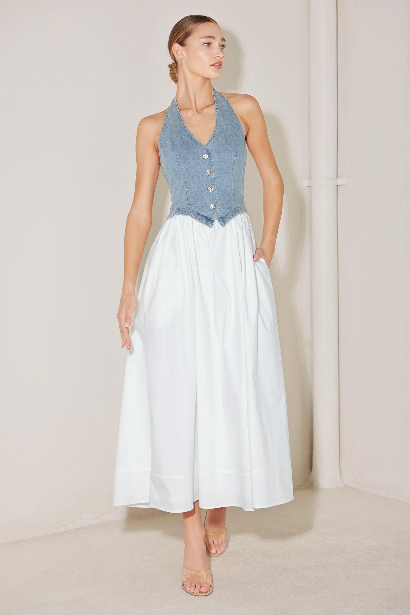 CITY TO COAST WOVEN MIDI DRESS.