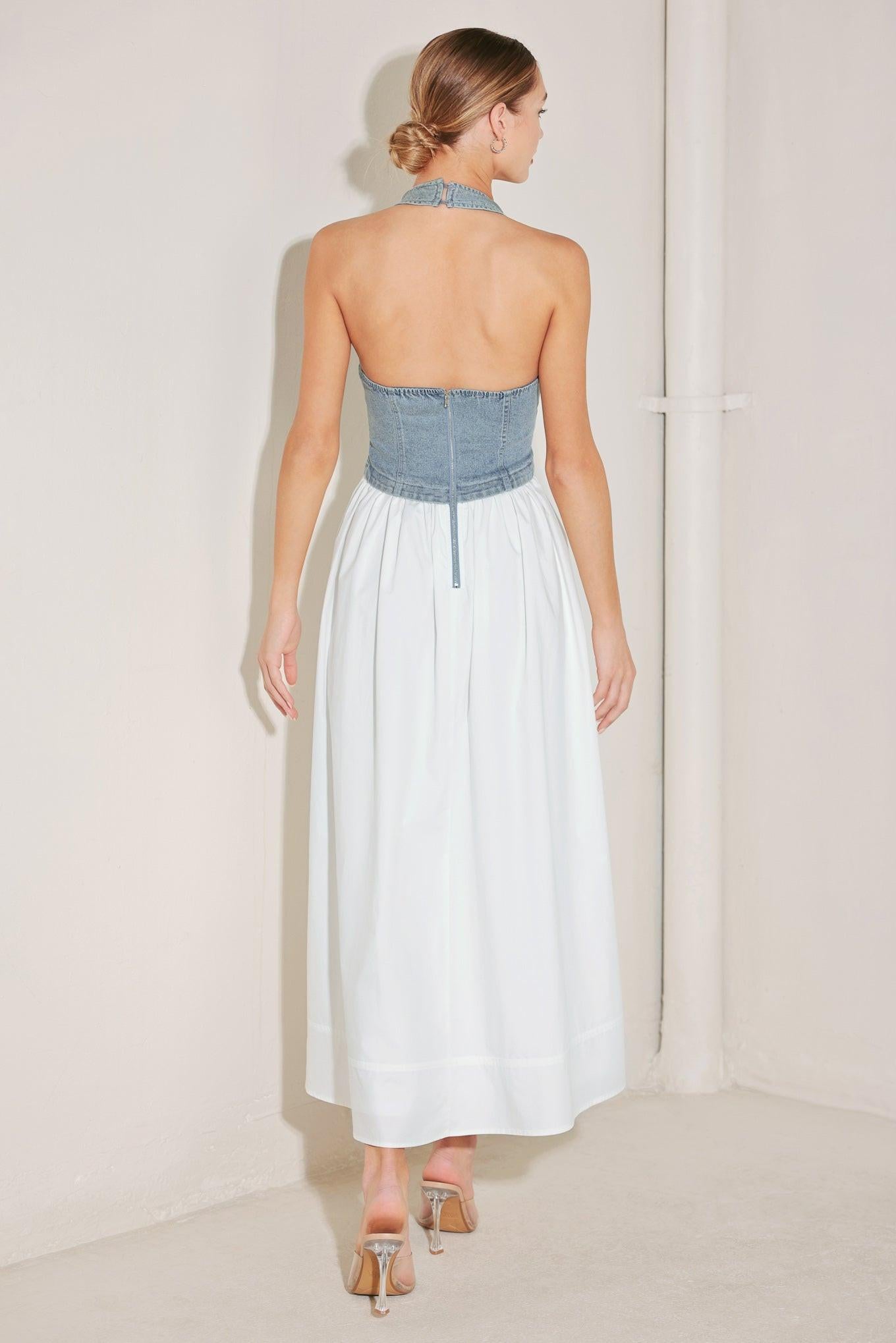 CITY TO COAST WOVEN MIDI DRESS.