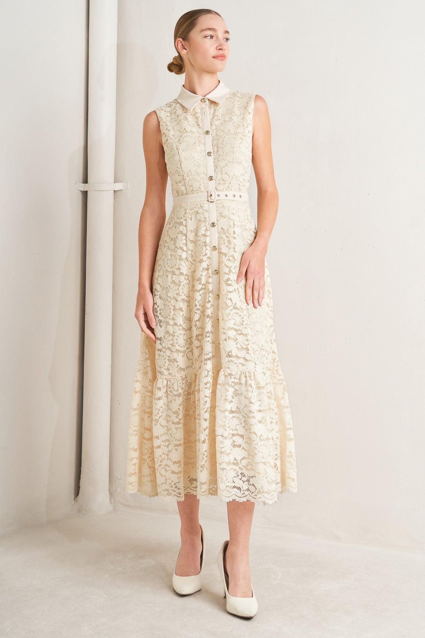 A woven lace midi dress featuring contrasting collar, placket and belt, sleeveless, button down and ruffle hem
Details:
Self: 65% Cotton 35% Nylon
Contrast: 100% Polyester
Lining: 100% Polyester
Size & Fit
-Model is 5`8" And Wearing Size Small
-Measurements Taken From Size Small
-Approx. Length: 52"