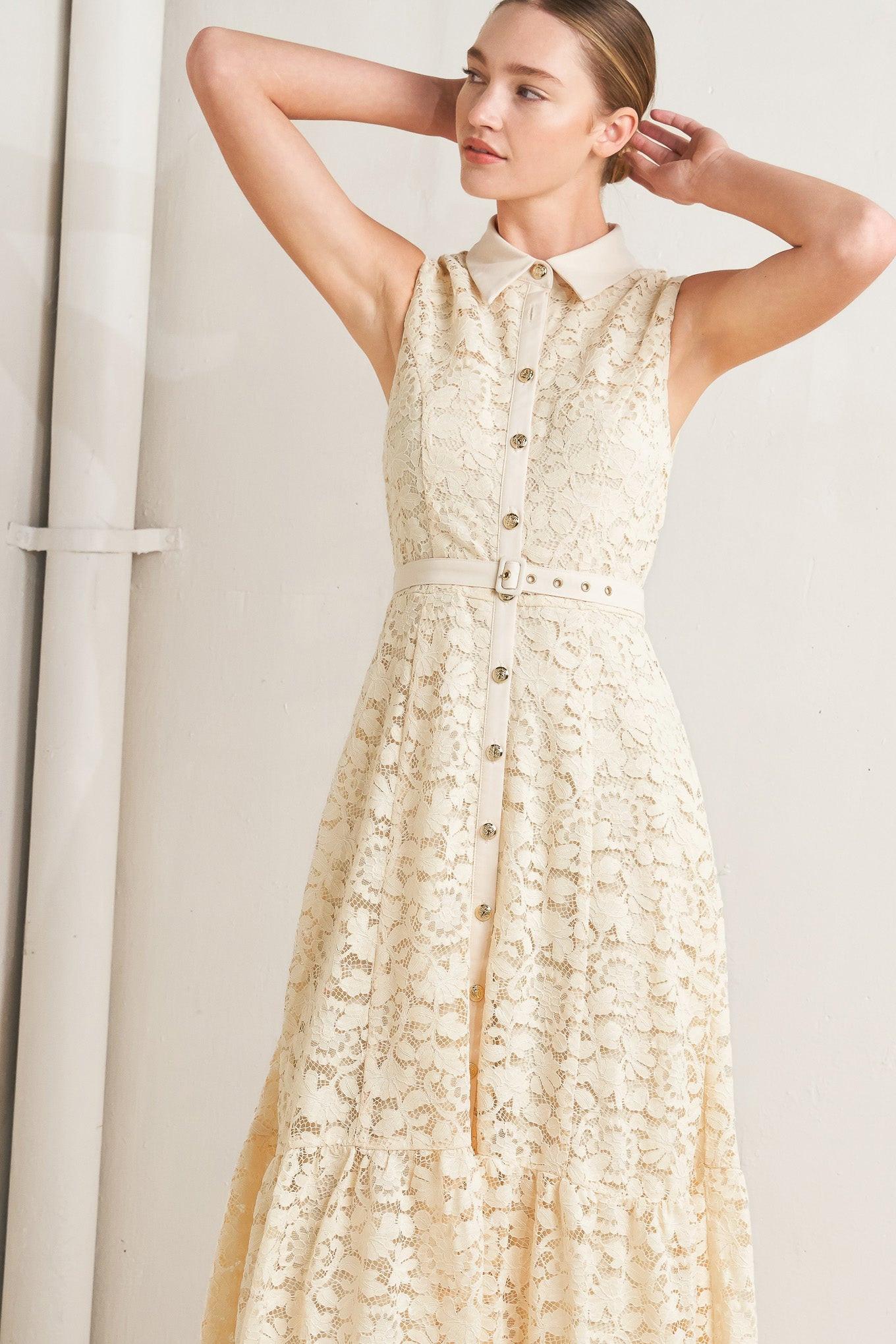 A woven lace midi dress featuring contrasting collar, placket and belt, sleeveless, button down and ruffle hem
Details:
Self: 65% Cotton 35% Nylon
Contrast: 100% Polyester
Lining: 100% Polyester
Size & Fit
-Model is 5`8" And Wearing Size Small
-Measurements Taken From Size Small
-Approx. Length: 52"