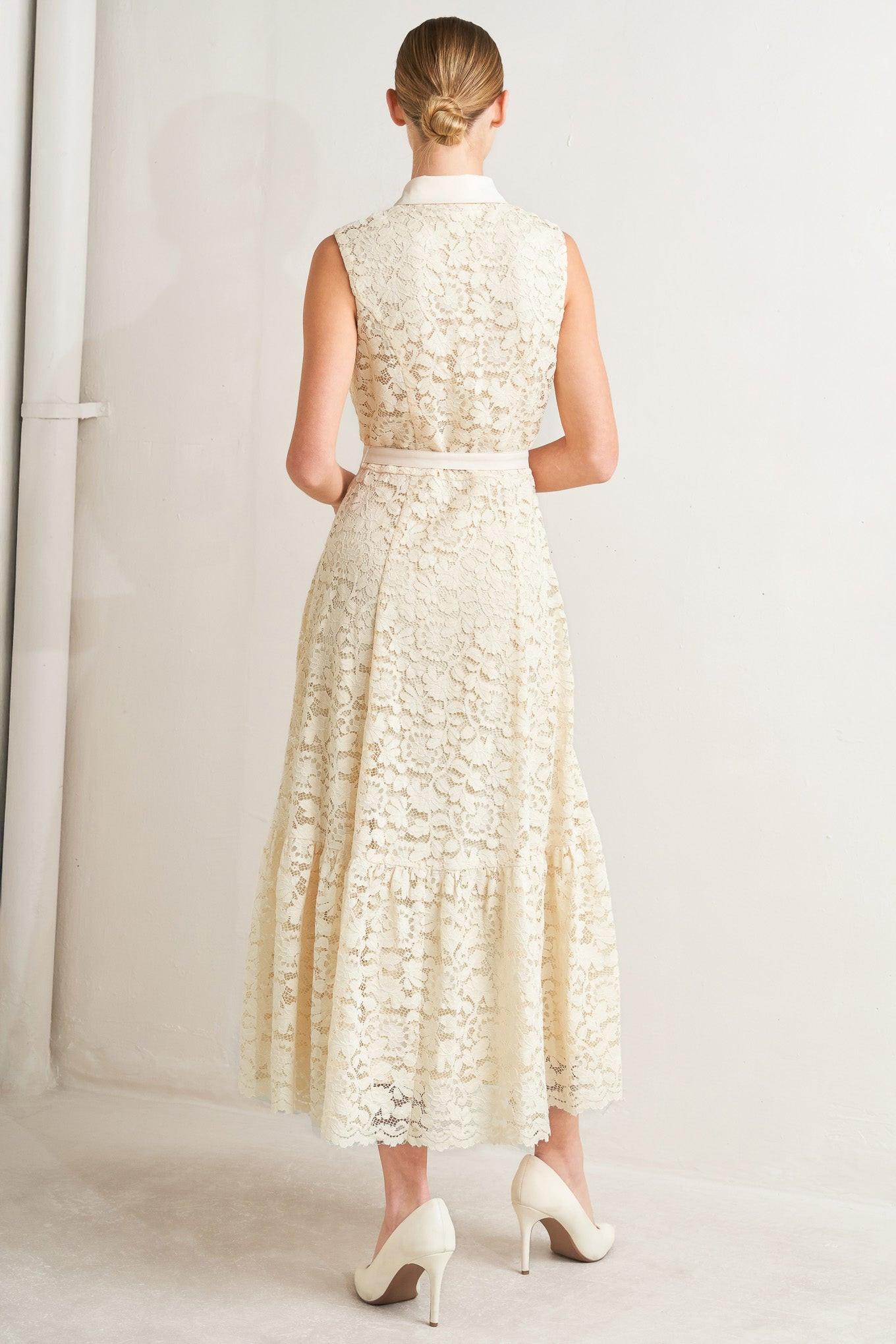 A woven lace midi dress featuring contrasting collar, placket and belt, sleeveless, button down and ruffle hem
Details:
Self: 65% Cotton 35% Nylon
Contrast: 100% Polyester
Lining: 100% Polyester
Size & Fit
-Model is 5`8" And Wearing Size Small
-Measurements Taken From Size Small
-Approx. Length: 52"