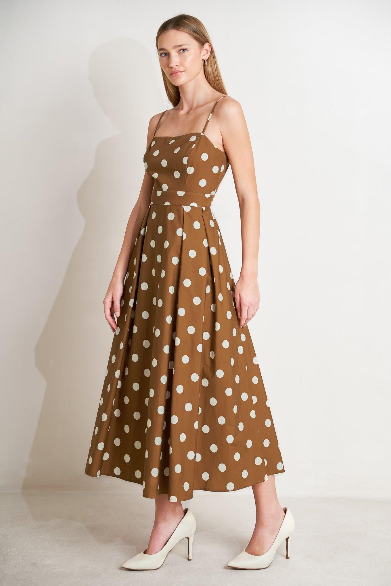 ESPRESSO DOT DREAM WOVEN MIDI DRESS.