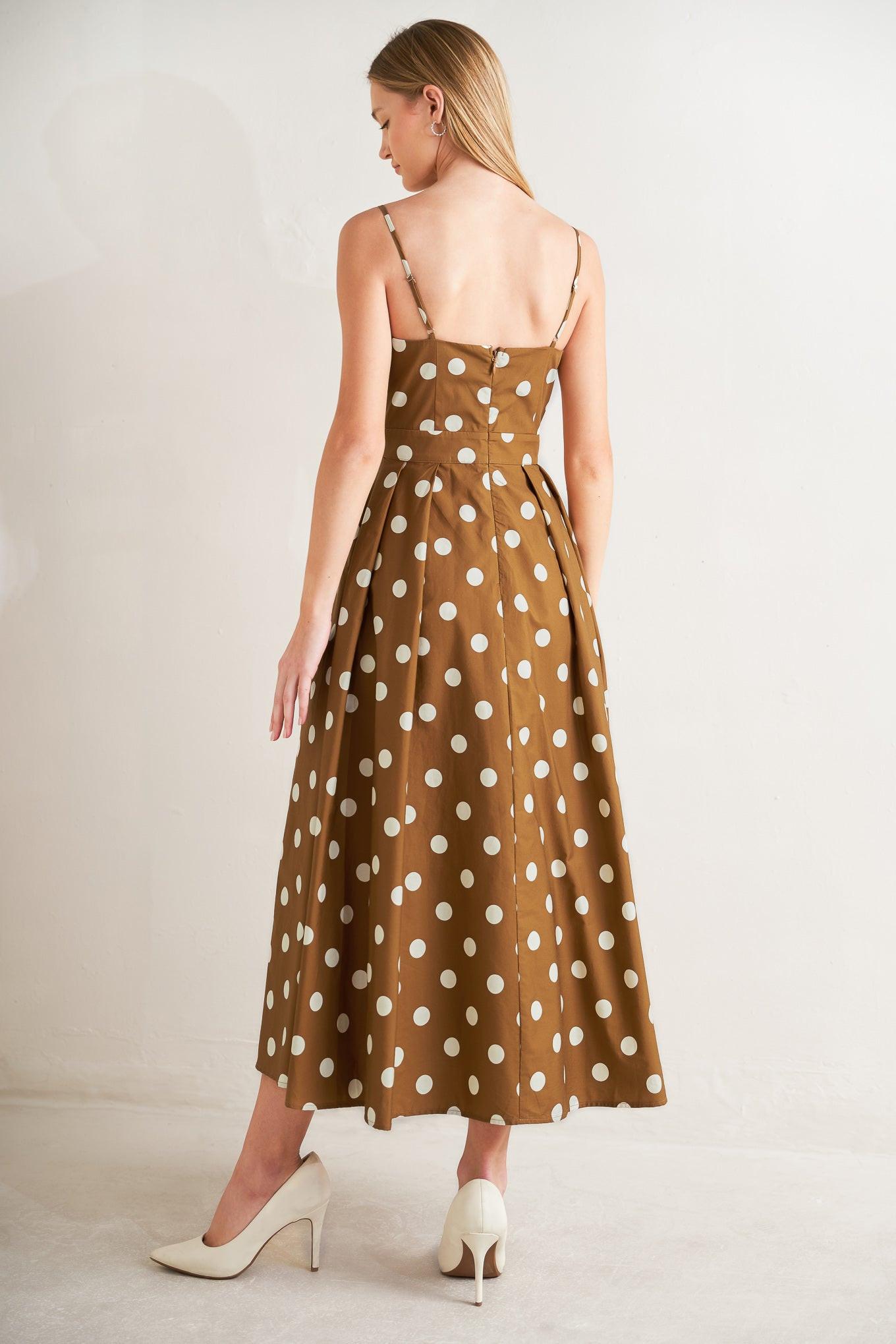 ESPRESSO DOT DREAM WOVEN MIDI DRESS.