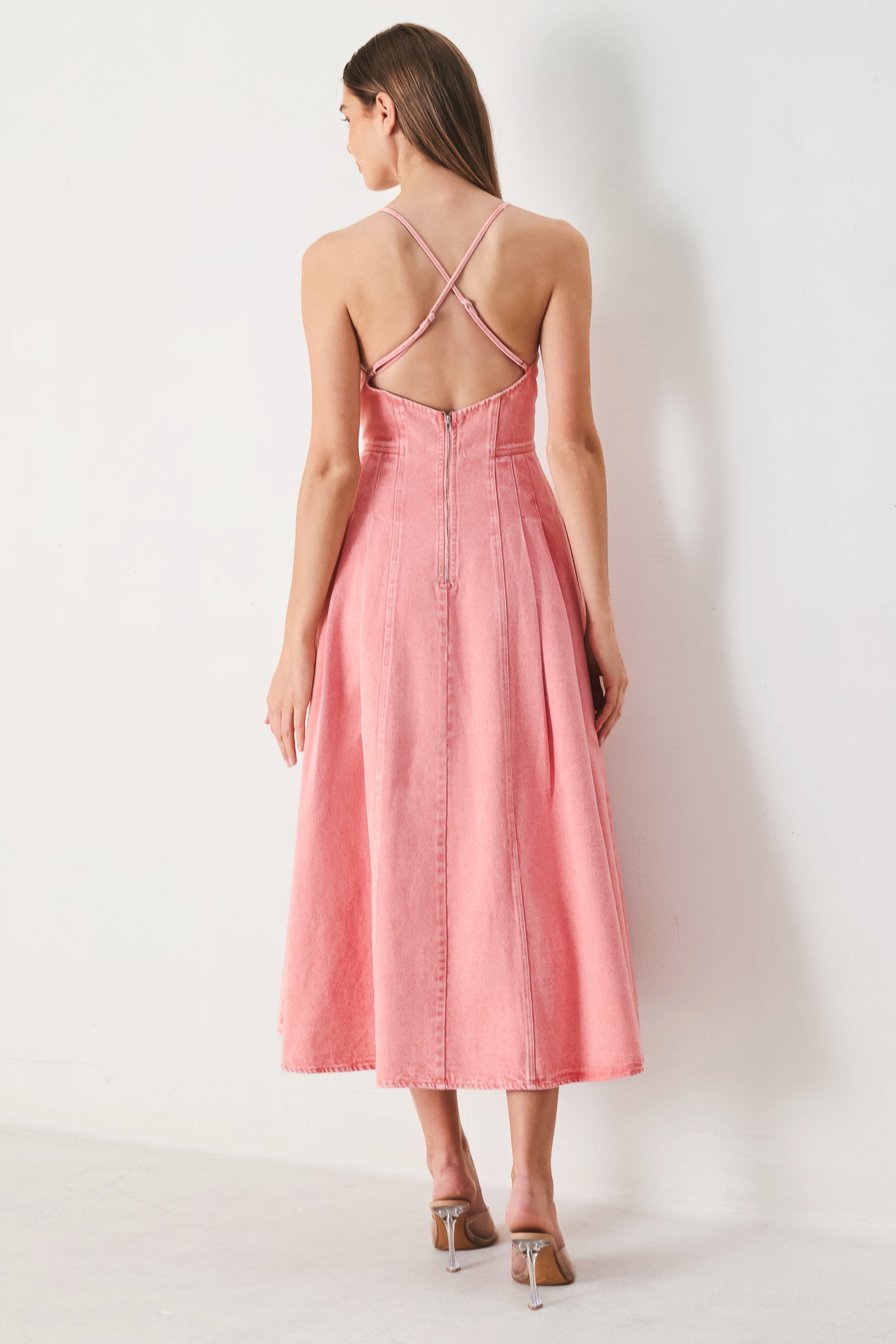 PINK HAZE WOVEN TWILL MIDI DRESS.