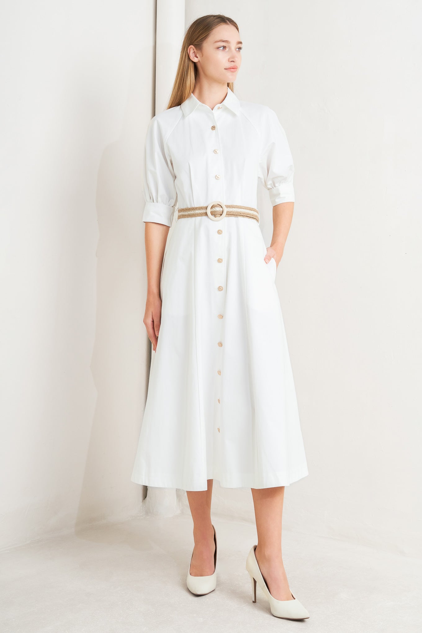 A solid woven midi dress featuring collar, short sleeve with cuff, front button down, side pockets, contrasting belt and circle skirt
Details:
Self : 100% Cotton
Size & Fit
- Model is 5`8" And Wearing Size Small
- Measurements Taken From Size Small
- Approx. Length: 49" Flying Tomato