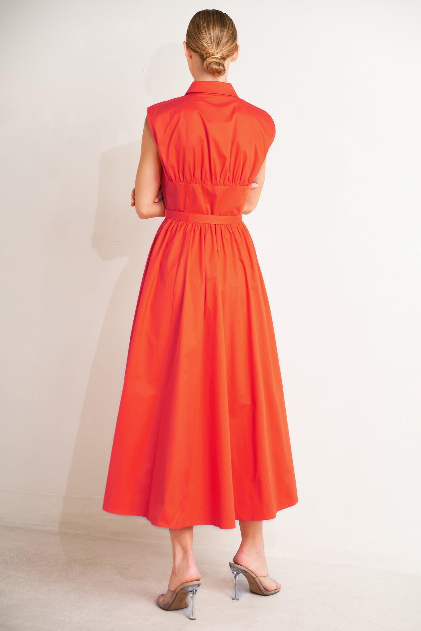 RUNWAY READY SCARLET WOVEN MIDI DRESS.