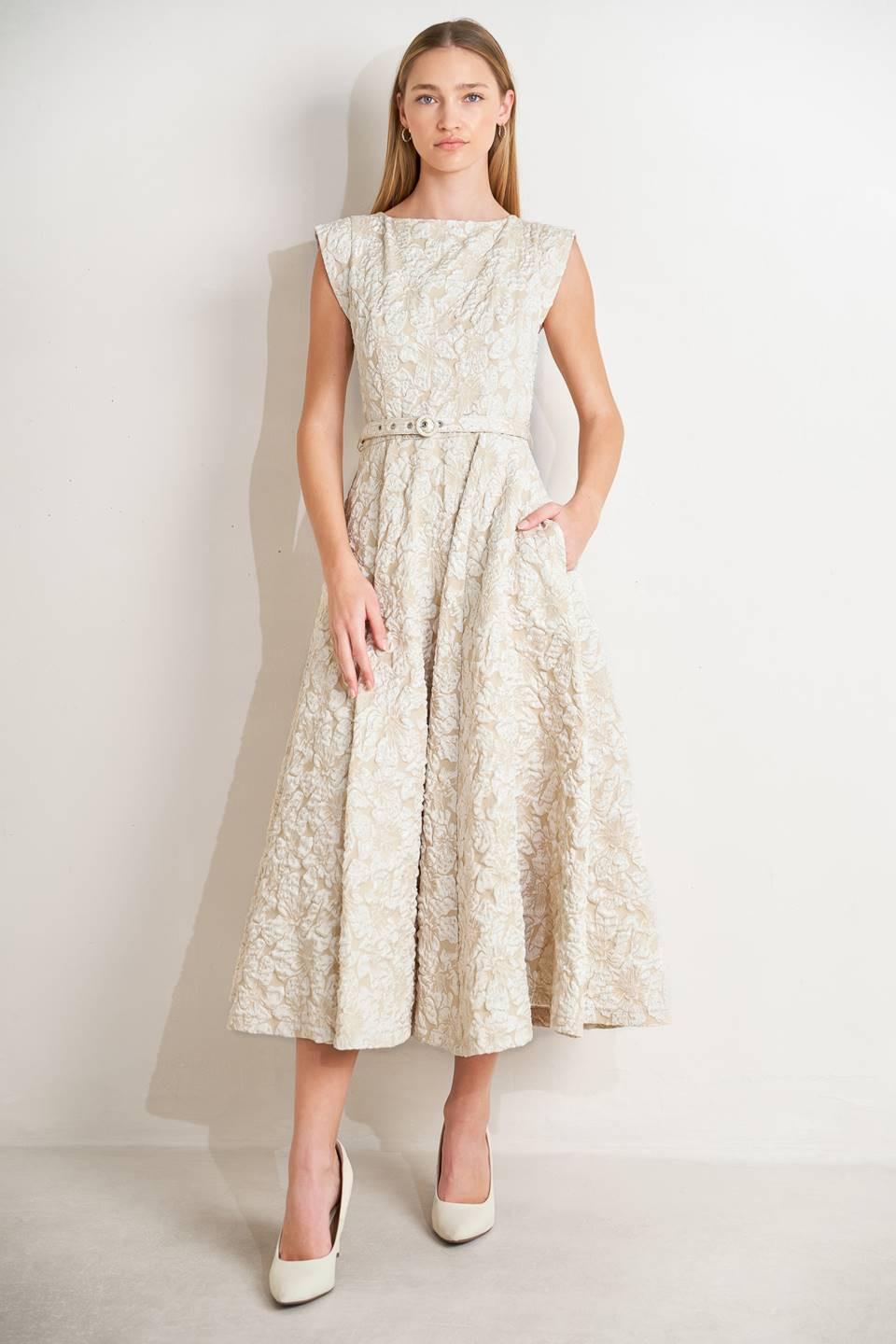 statement midi dress Statement in Ivory Woven Midi Dress