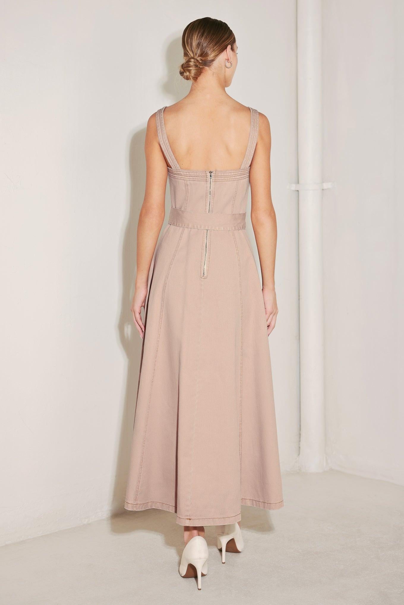 ELEVATED NEUTRAL BLUSH WOVEN MIDI DRESS.