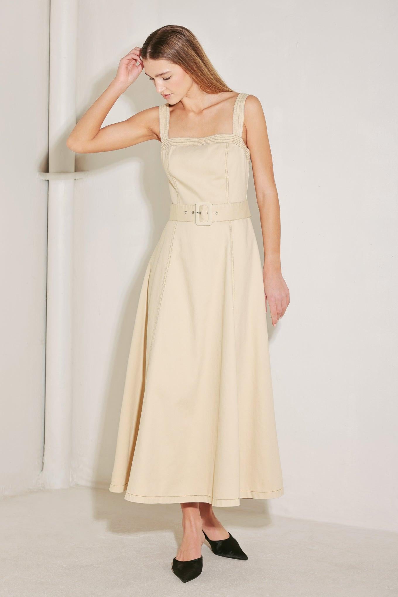 ELEVATED NEUTRAL WOVEN MIDI DRESS.