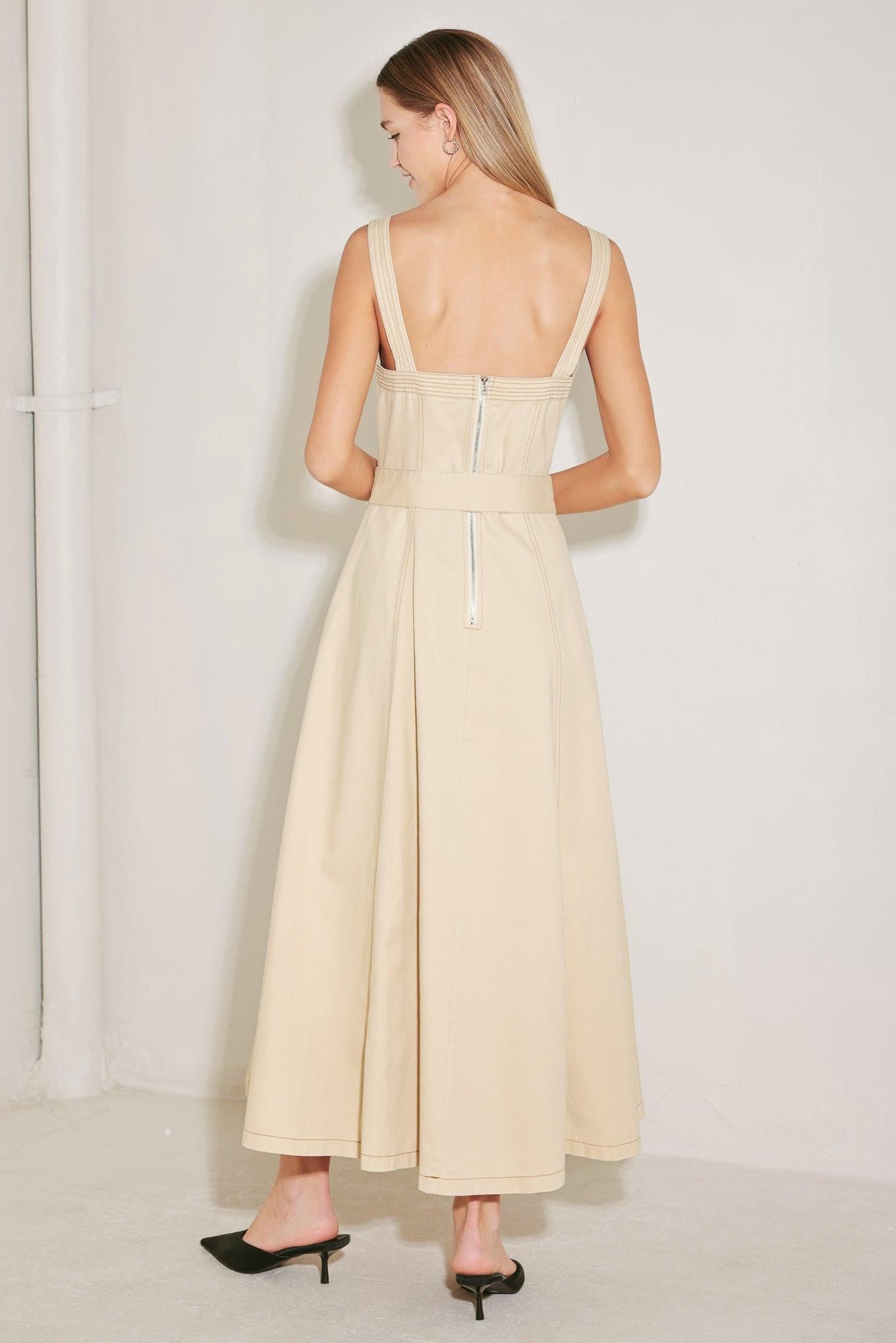 ELEVATED NEUTRAL WOVEN MIDI DRESS.