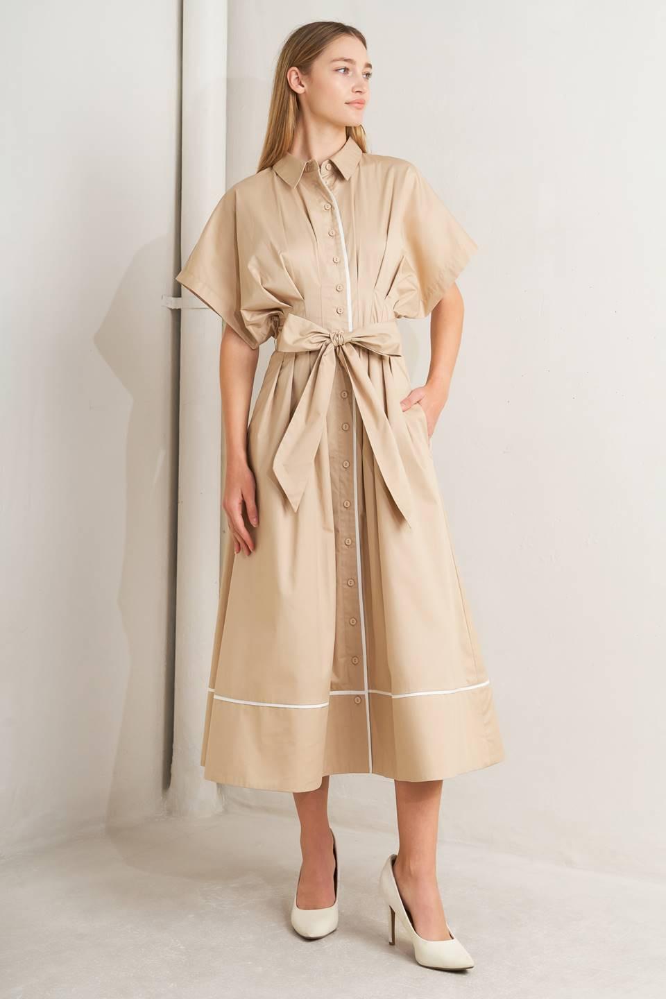 CATCH YOU LATER KHAKI WOVEN MIDI DRESS.